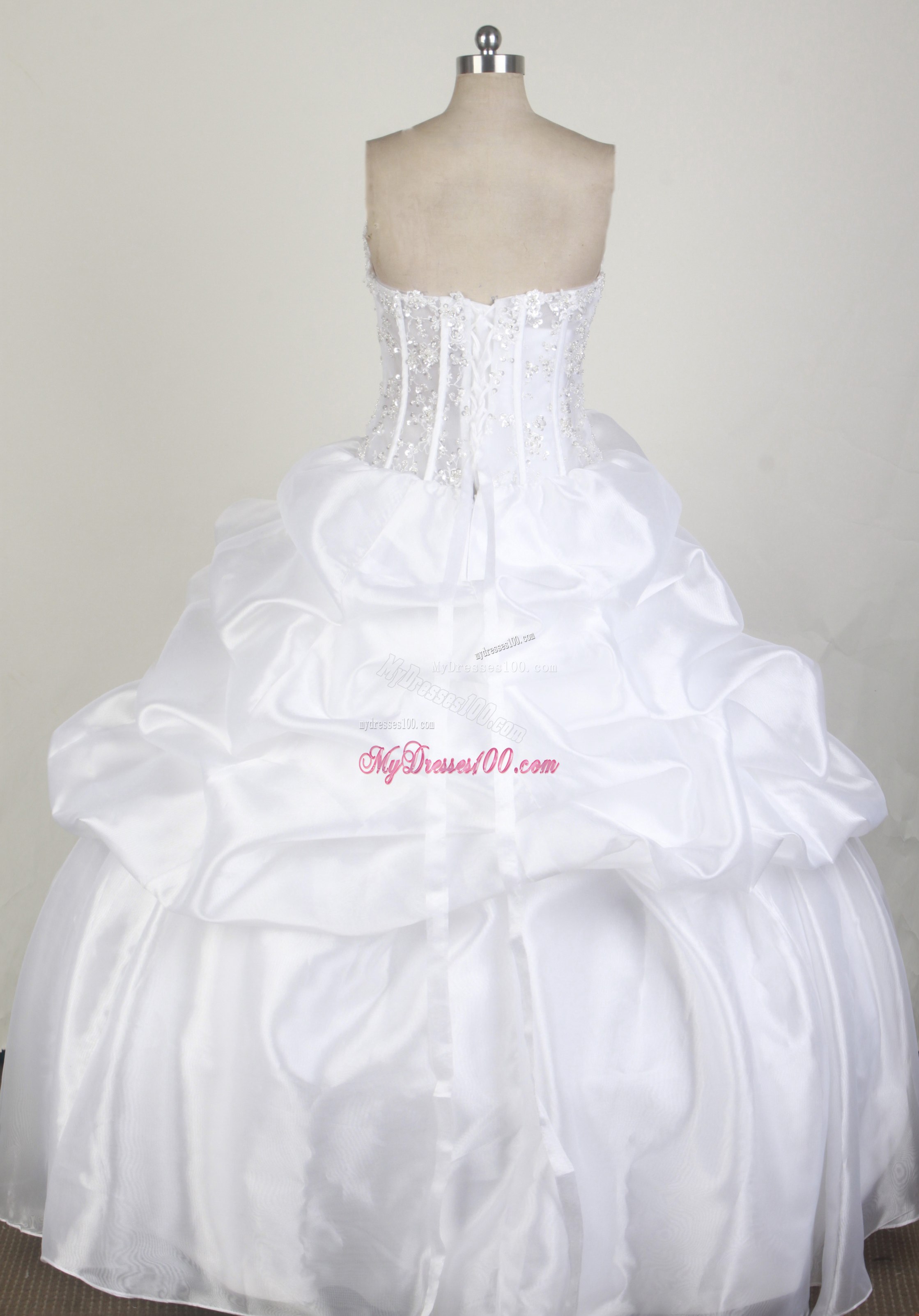 Pure White Quinceanera Dress with Pick-ups and Beaded Bodice