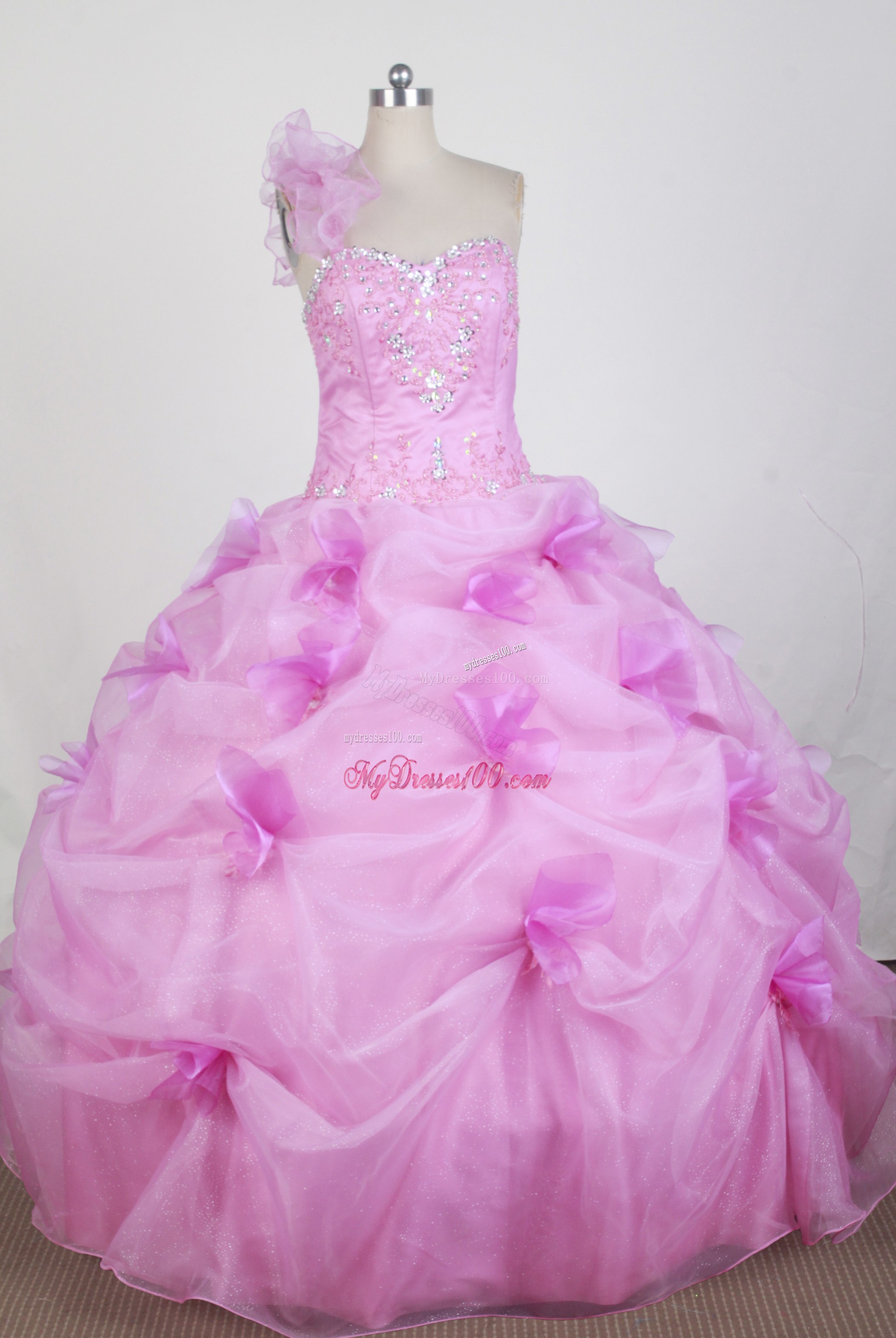 Flowers and Pick-ups Accent Rose Pink Quinceanera Dress