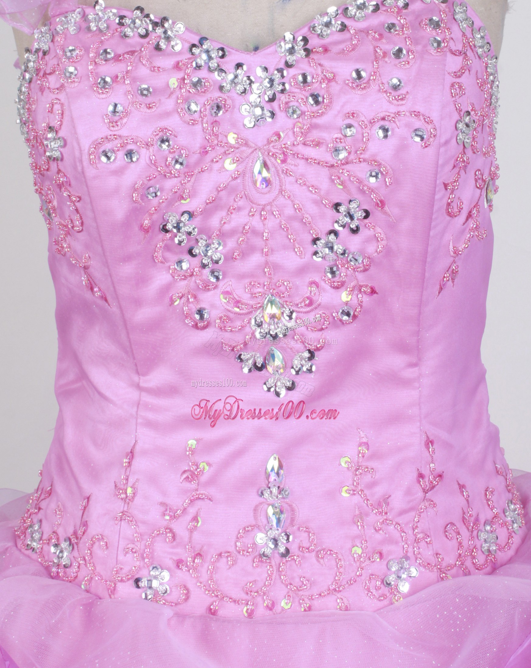 Flowers and Pick-ups Accent Rose Pink Quinceanera Dress