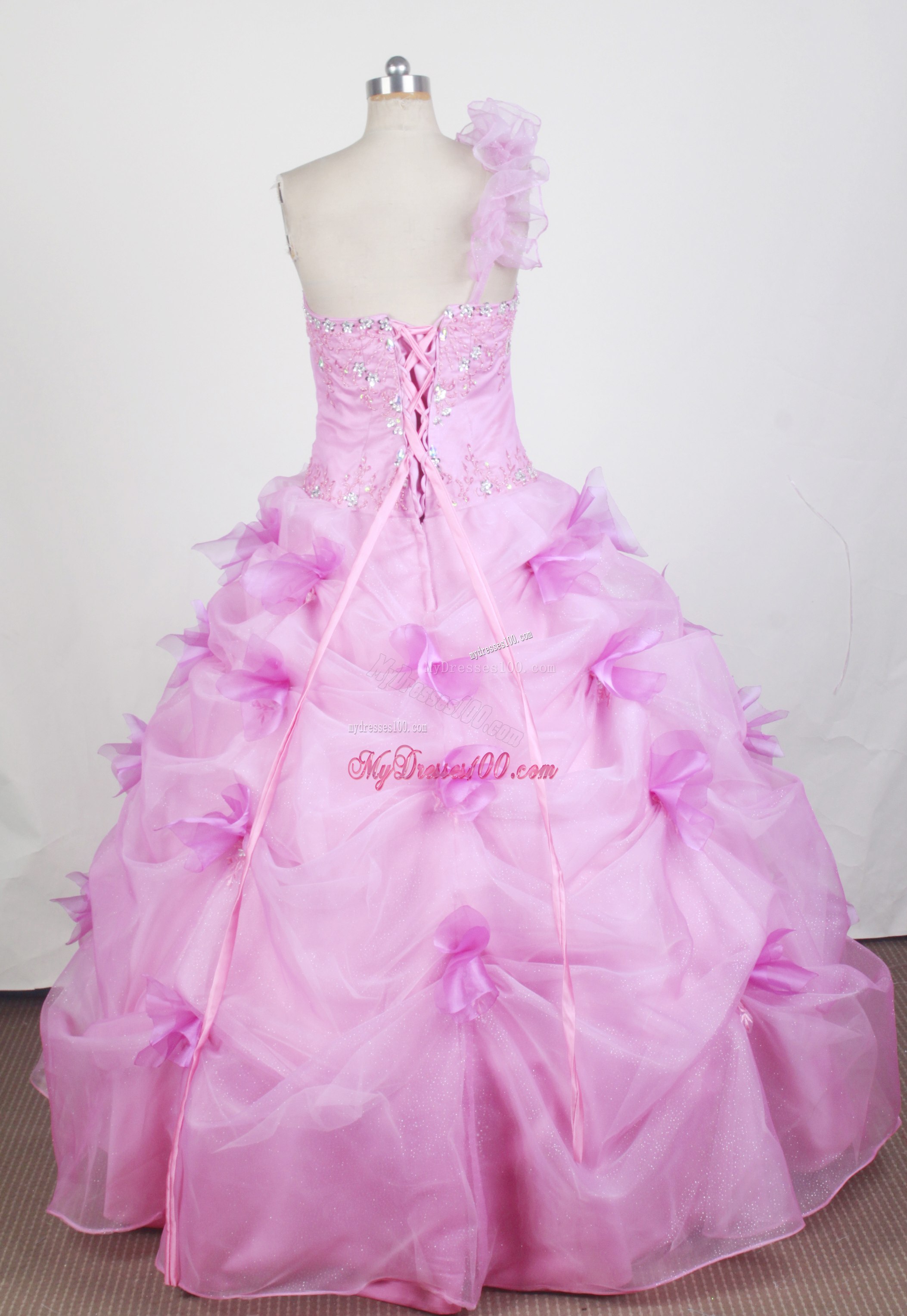 Flowers and Pick-ups Accent Rose Pink Quinceanera Dress
