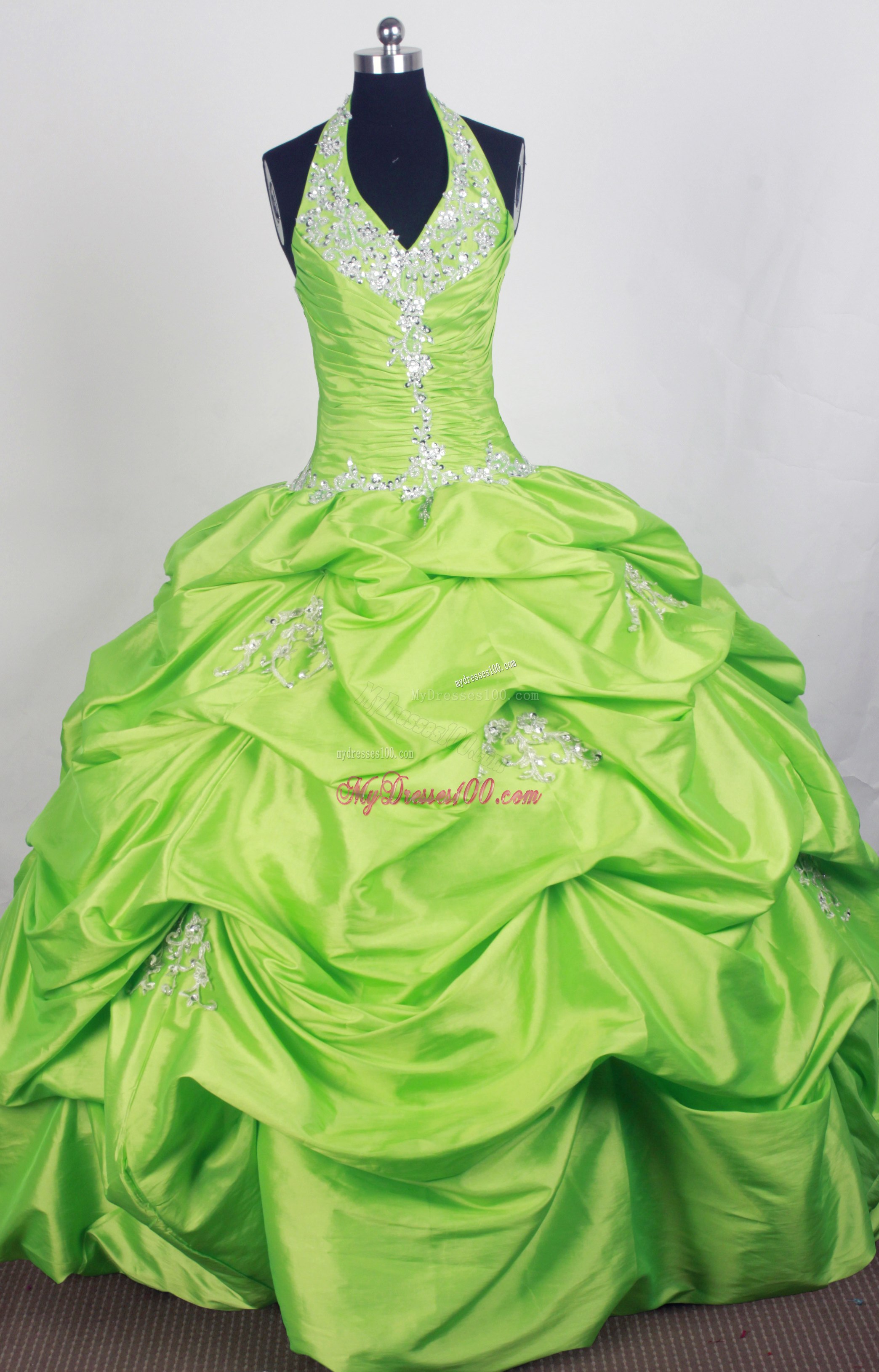 Beaded and Appliqued Halter Sweet sixteen dresses in Green with Pick-ups