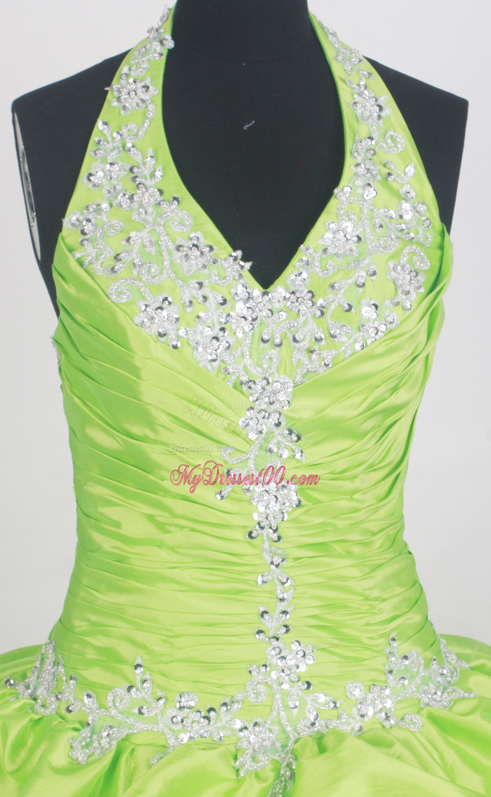Beaded and Appliqued Halter Sweet sixteen dresses in Green with Pick-ups