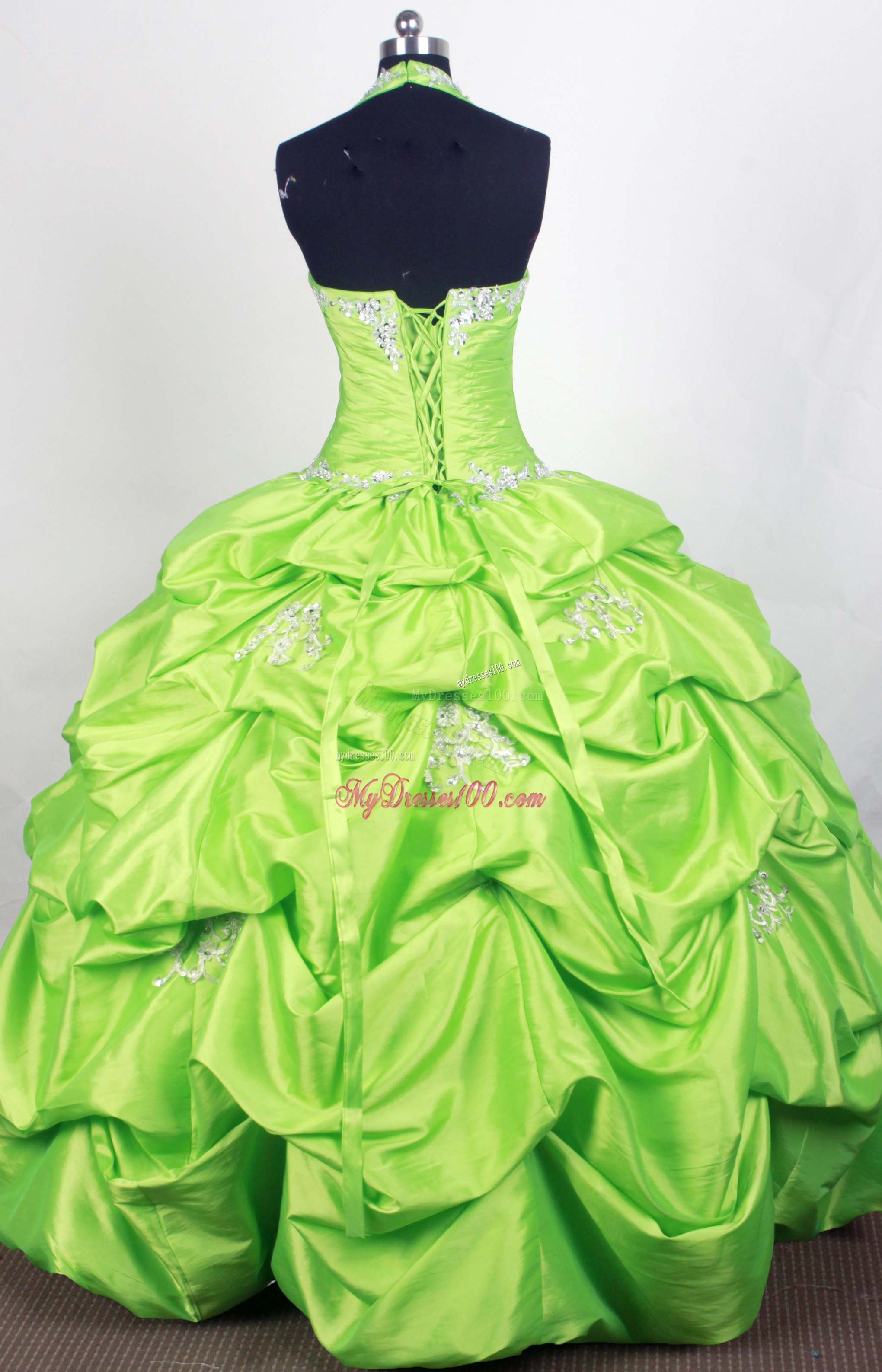Beaded and Appliqued Halter Sweet sixteen dresses in Green with Pick-ups
