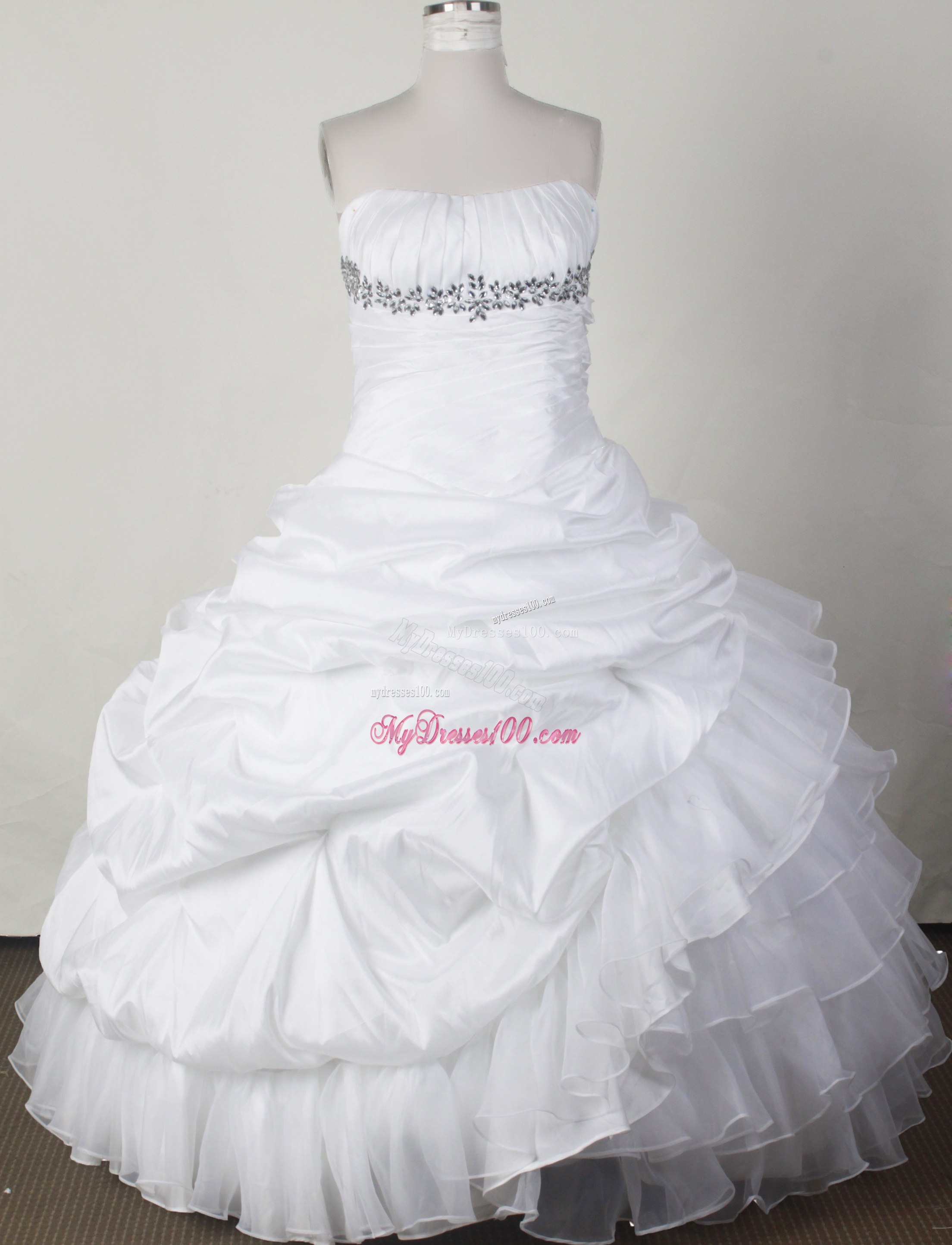 White Organza Quinceanera Dress with Layers and Pick-ups
