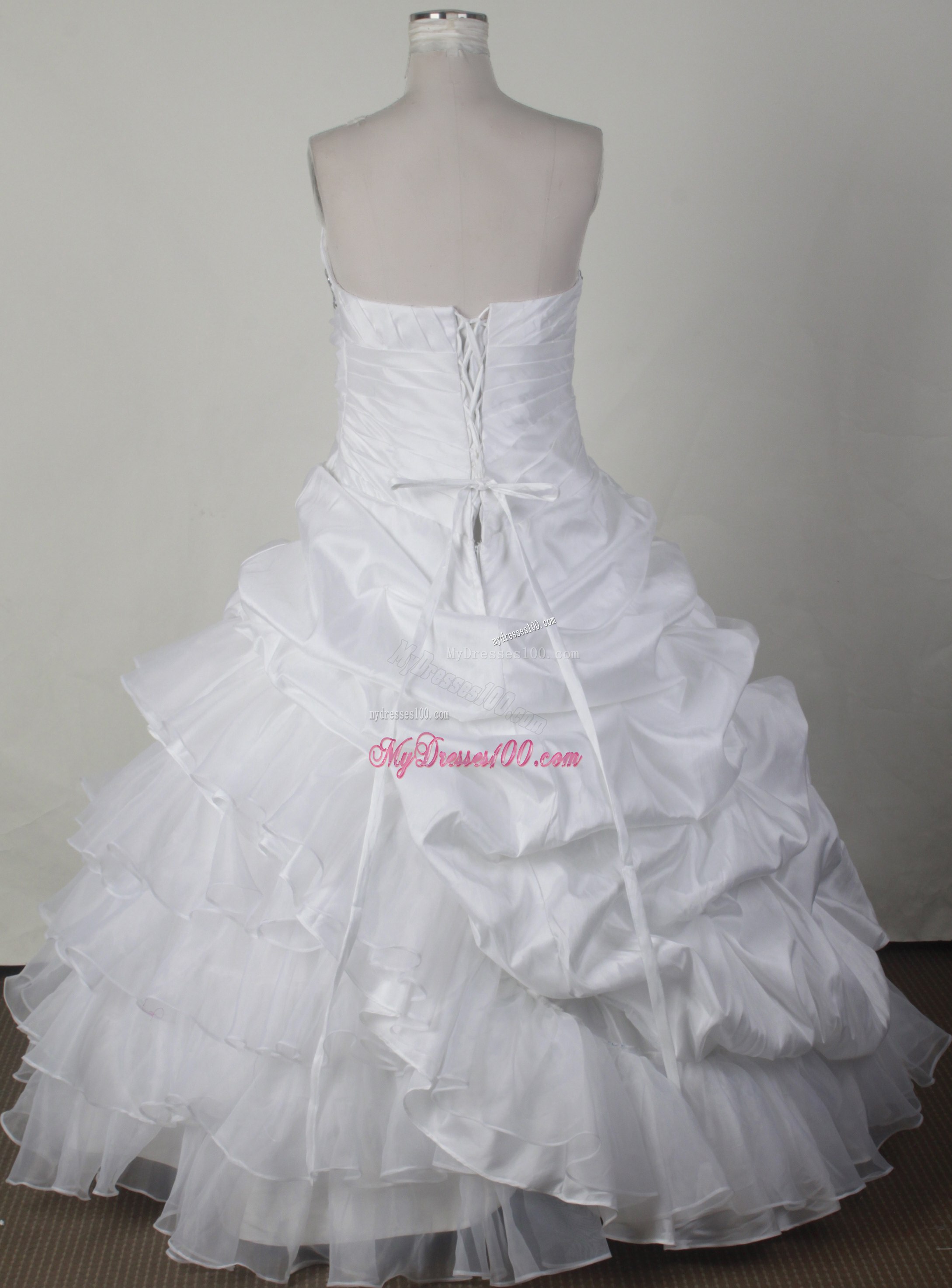 White Organza Quinceanera Dress with Layers and Pick-ups