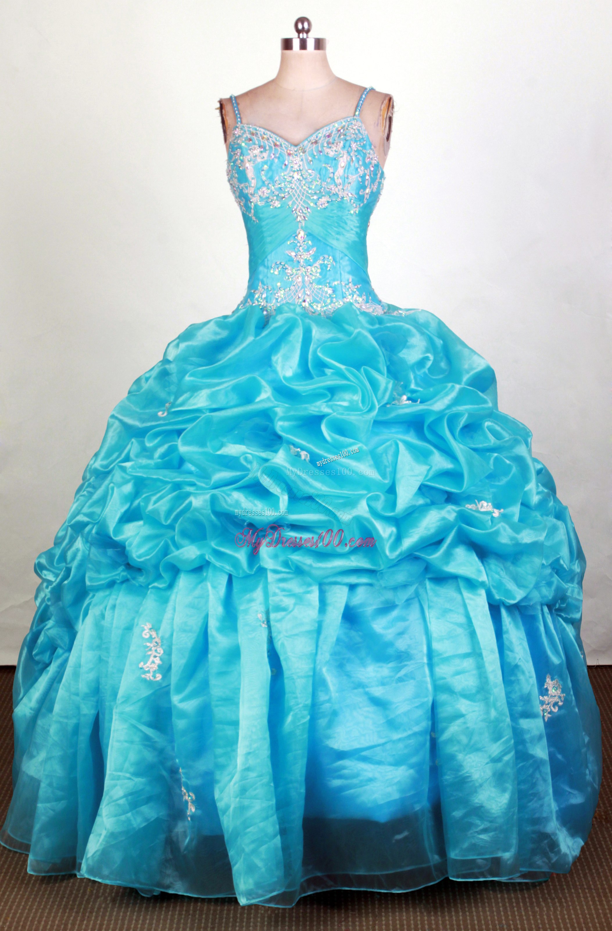 Blue Straps Diamond Appliques and Pick-ups Decorated Sweet 15 Dresses