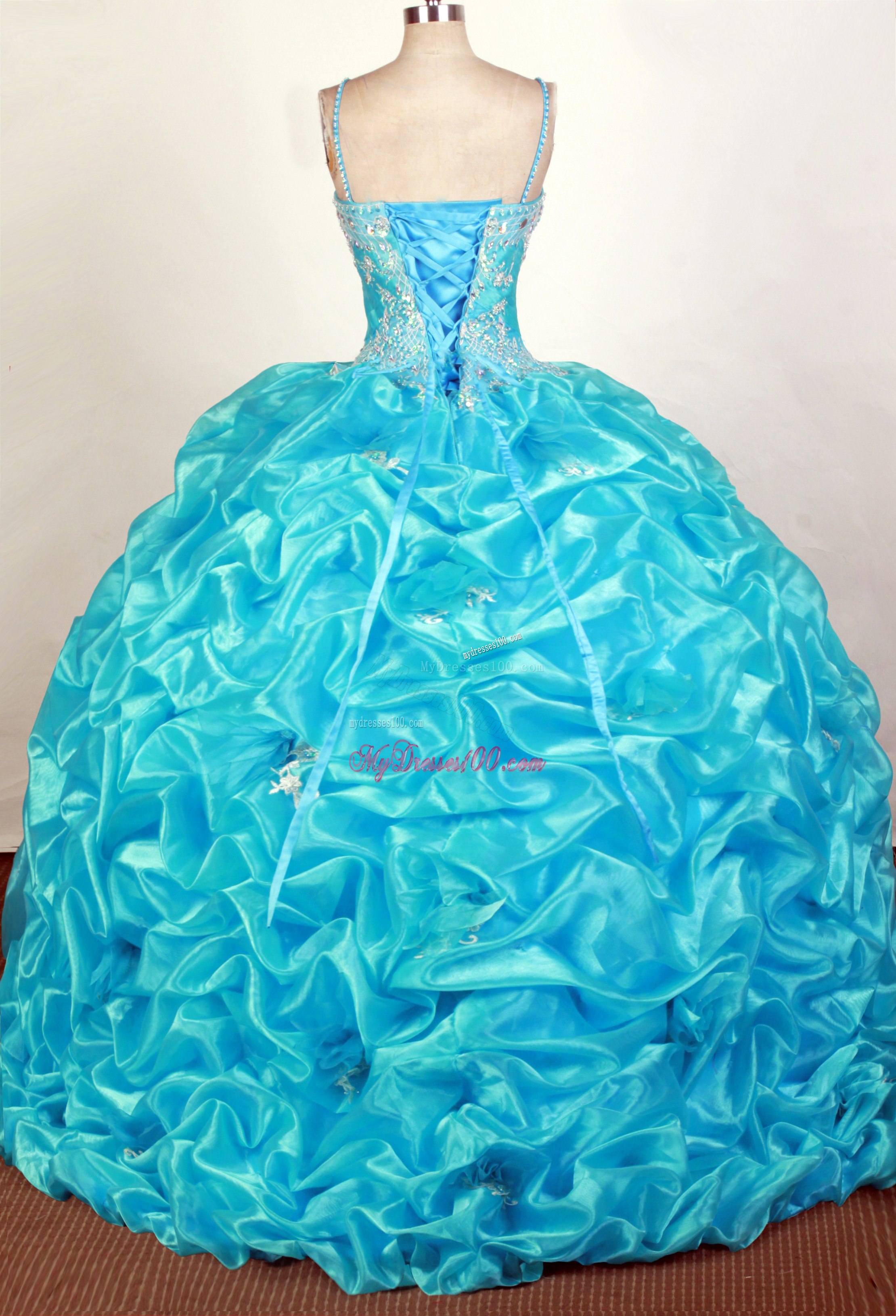 Blue Straps Diamond Appliques and Pick-ups Decorated Sweet 15 Dresses