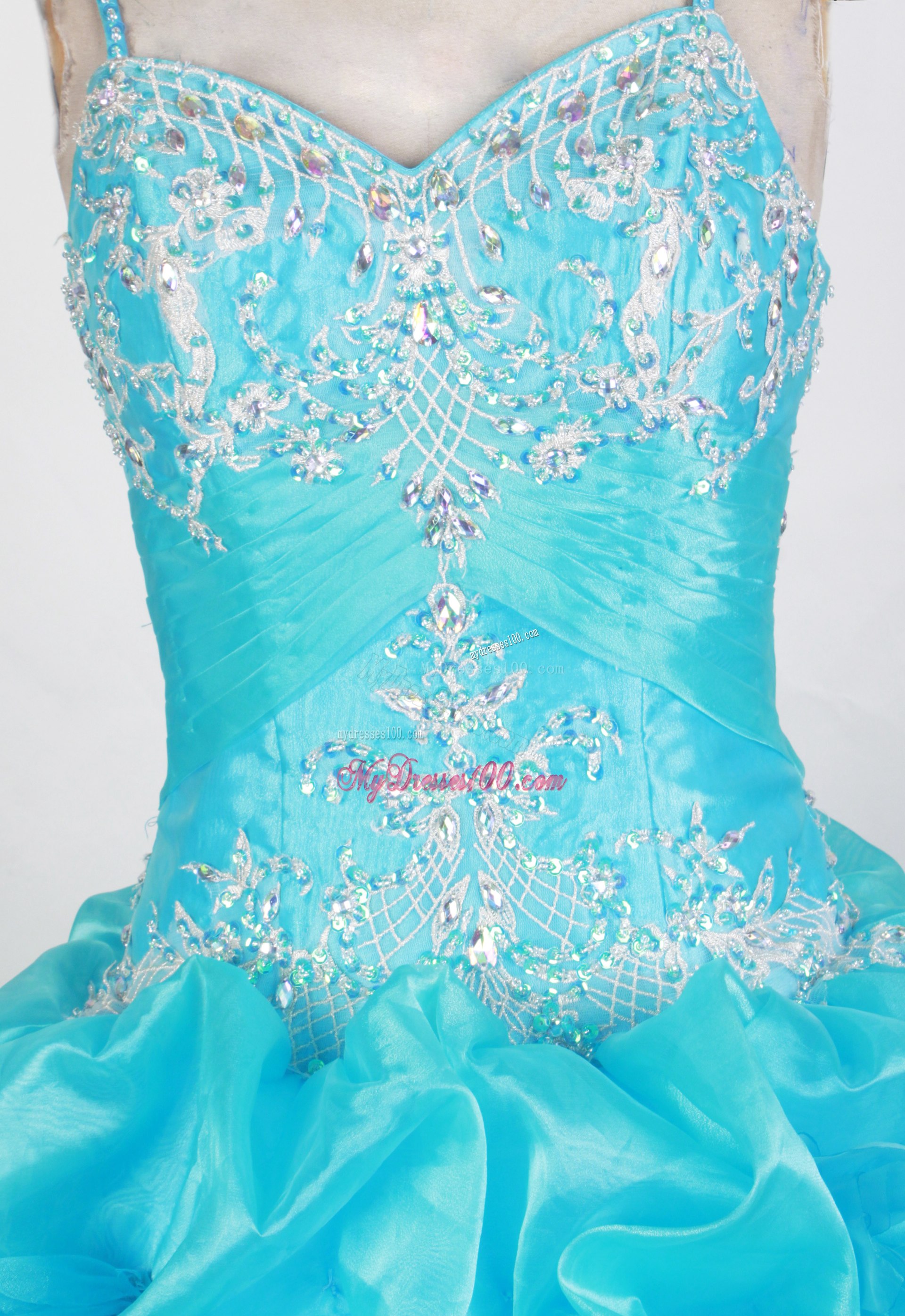 Blue Straps Diamond Appliques and Pick-ups Decorated Sweet 15 Dresses