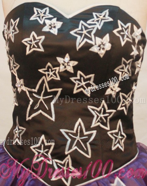 Black and Purple Sweetheart Bodice Dress for Sweet 15 Decorated by White Stars