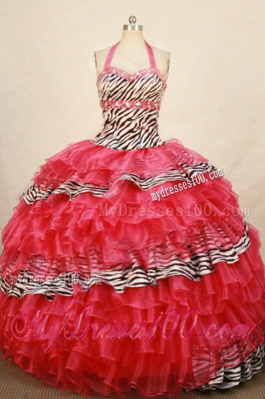 Popular Halter Top Zebra and Layers Quinceanera Dress with Rhinestone