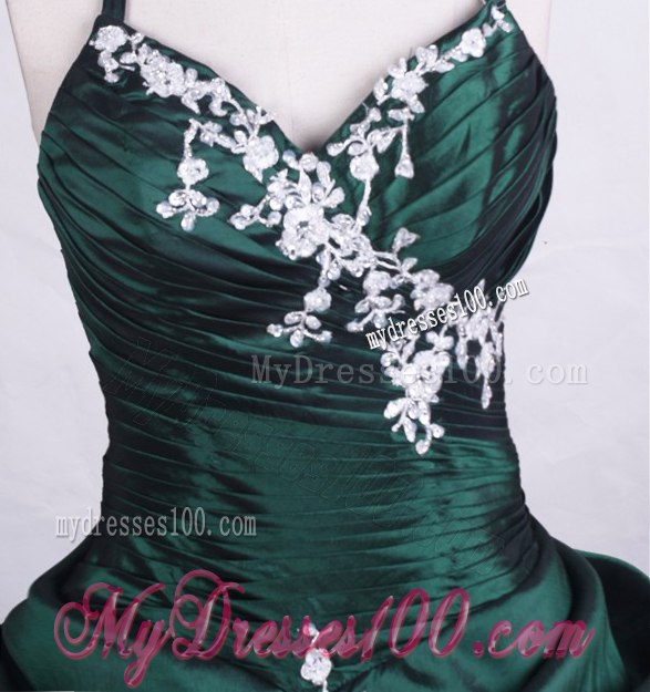 Green Quince Dress with Spaghetti Straps and White Embroidery