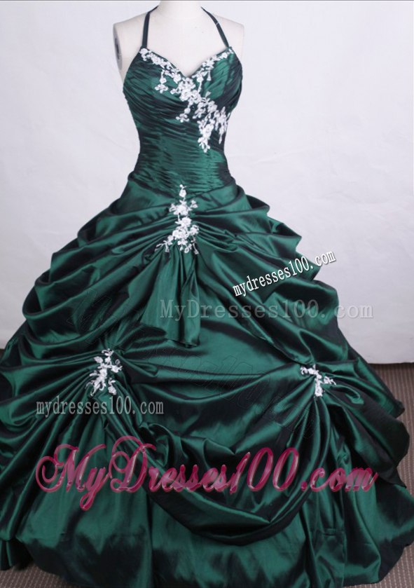Green Quince Dress with Spaghetti Straps and White Embroidery