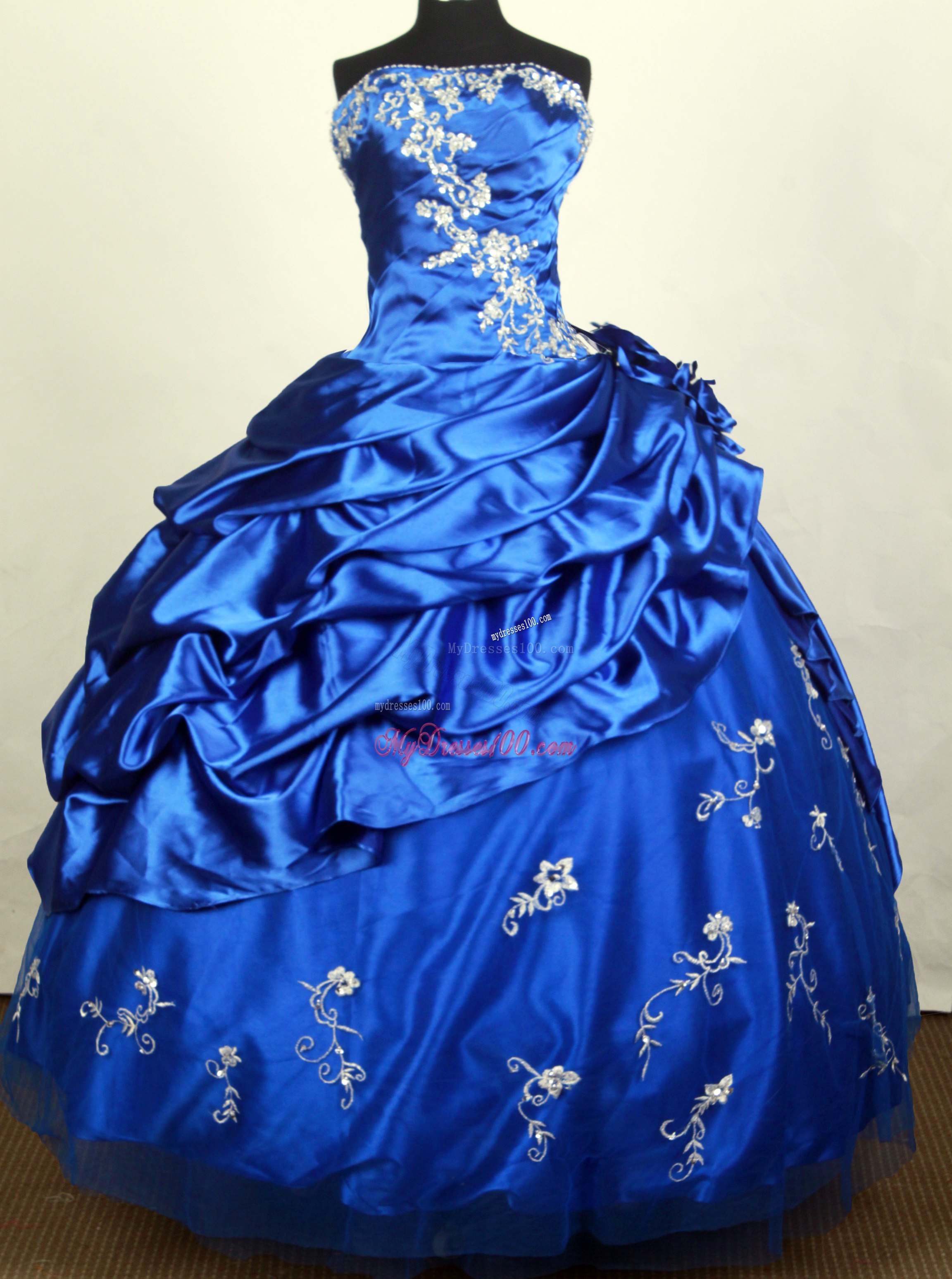 Blue Ruching Sweet sixteen dresses with White Beaded Appliques and Pick-ups