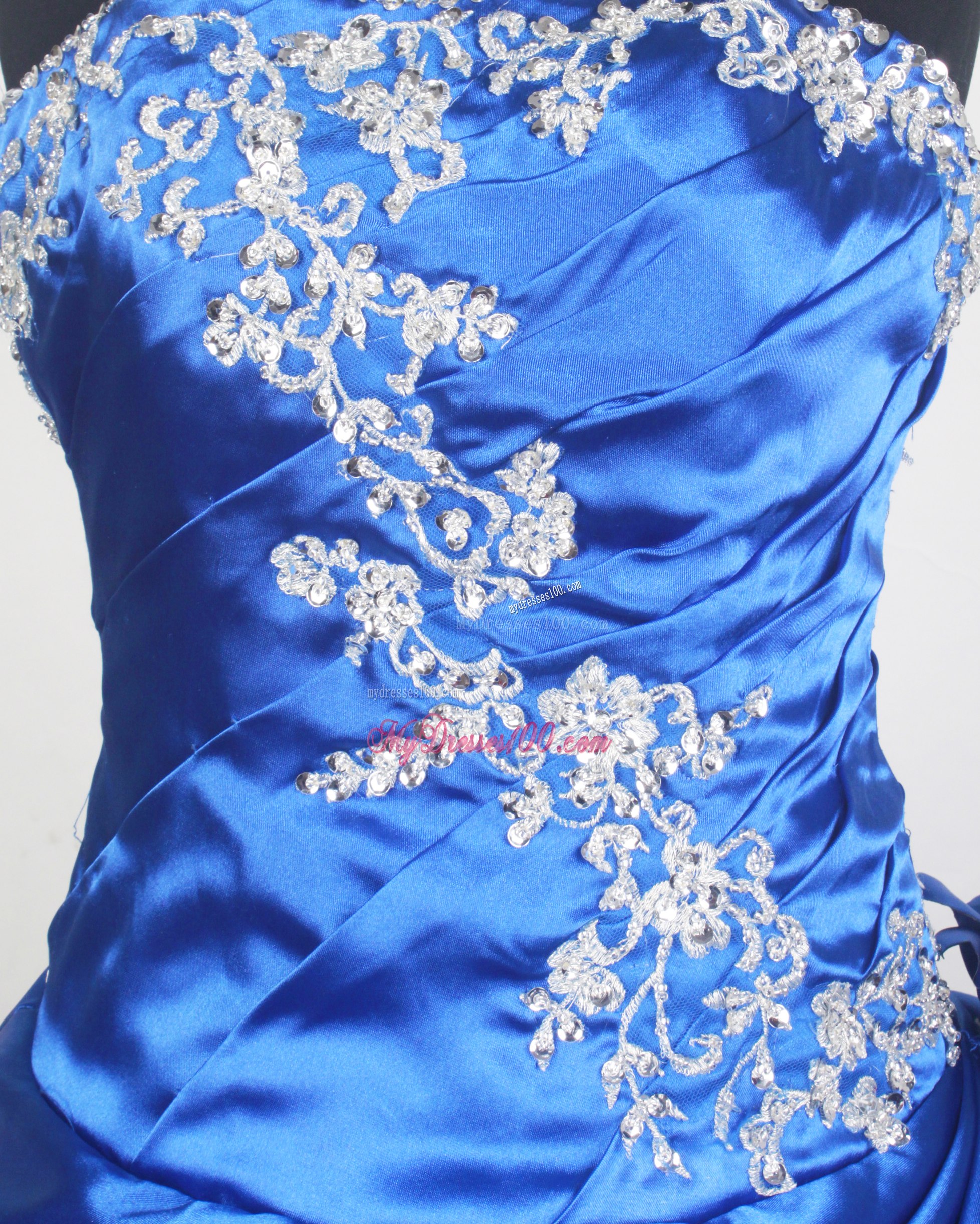 Blue Ruching Sweet sixteen dresses with White Beaded Appliques and Pick-ups