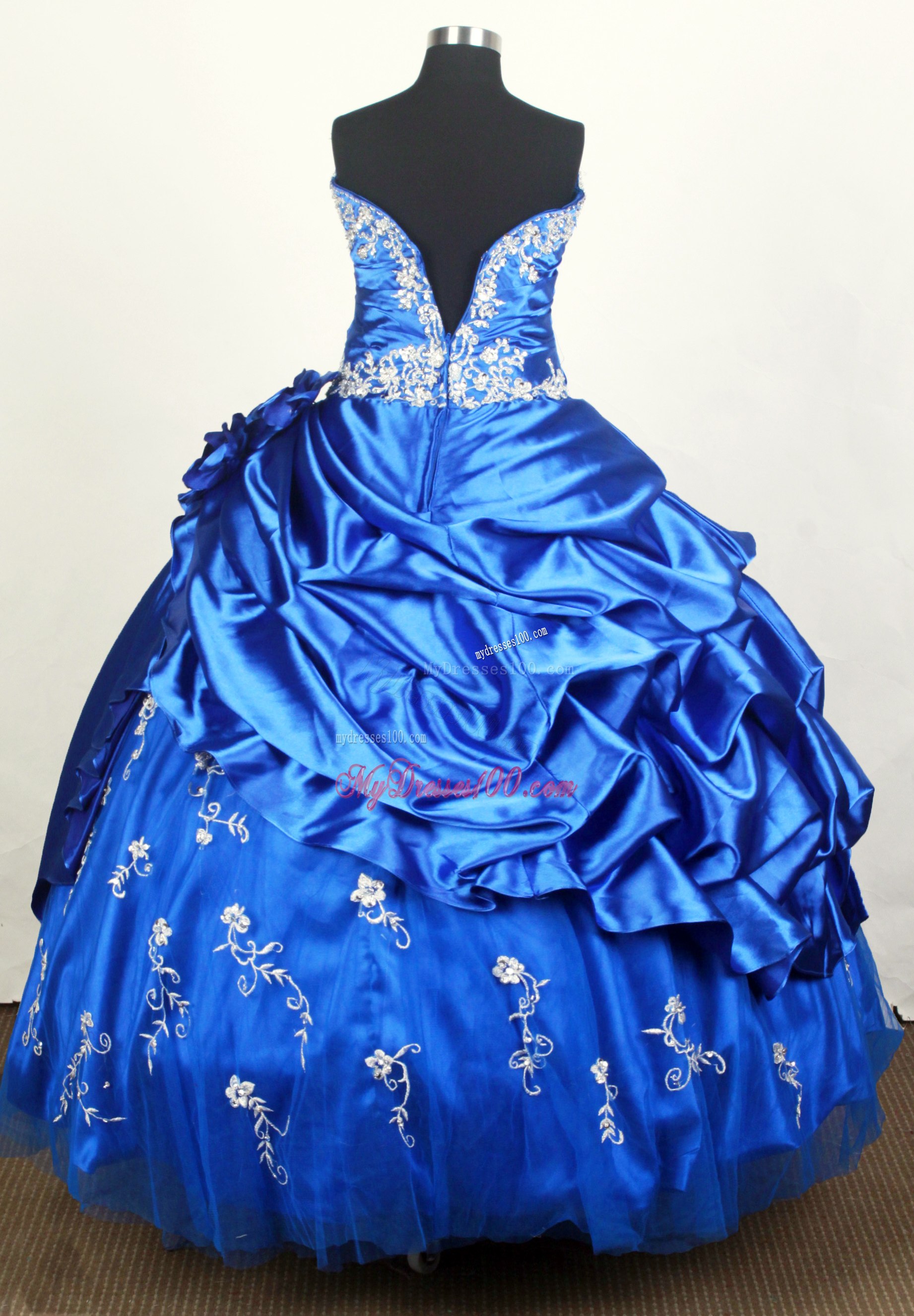 Blue Ruching Sweet sixteen dresses with White Beaded Appliques and Pick-ups