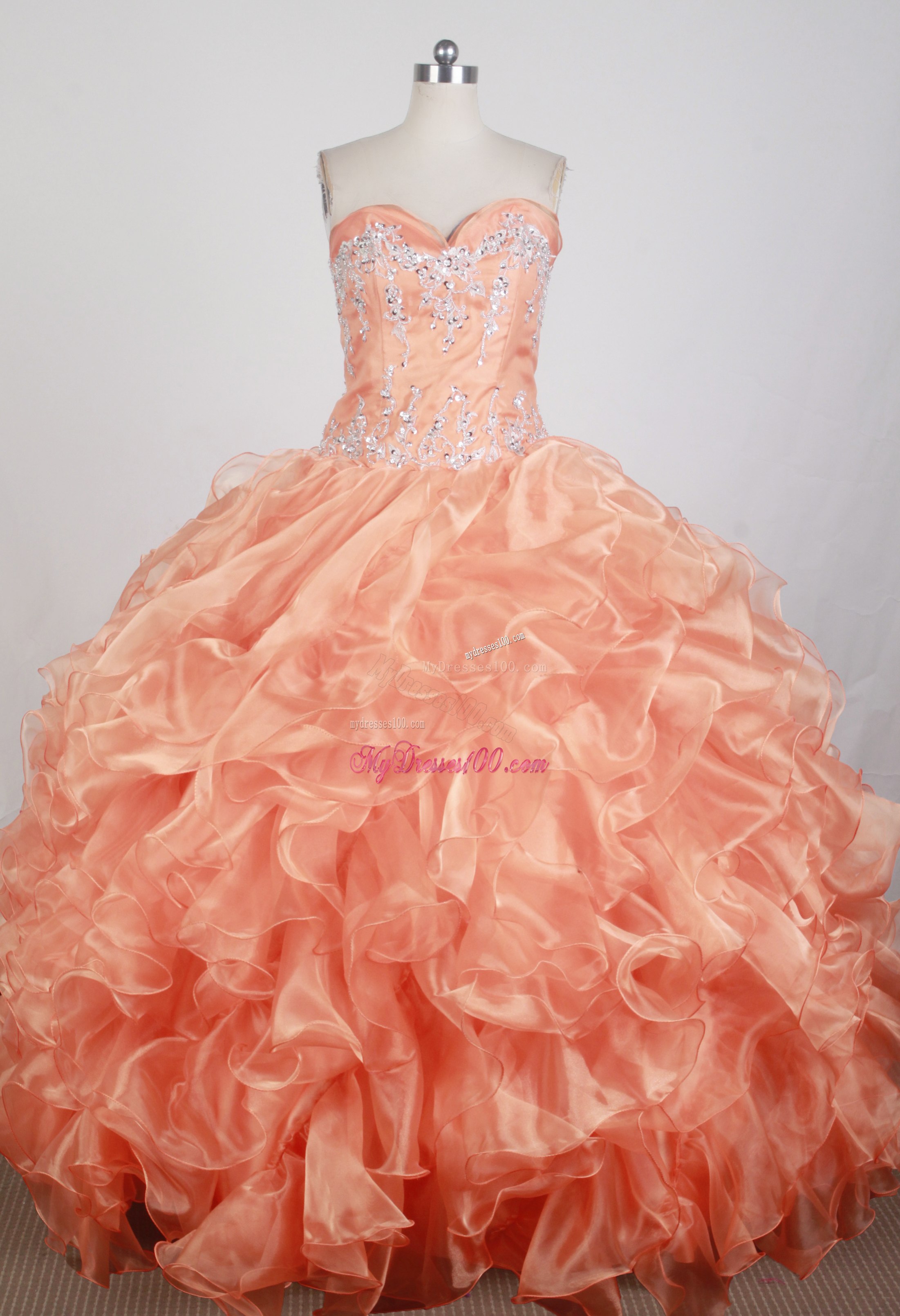 Appliqued and Ruffled Organza Orange Dress for Quinceanera