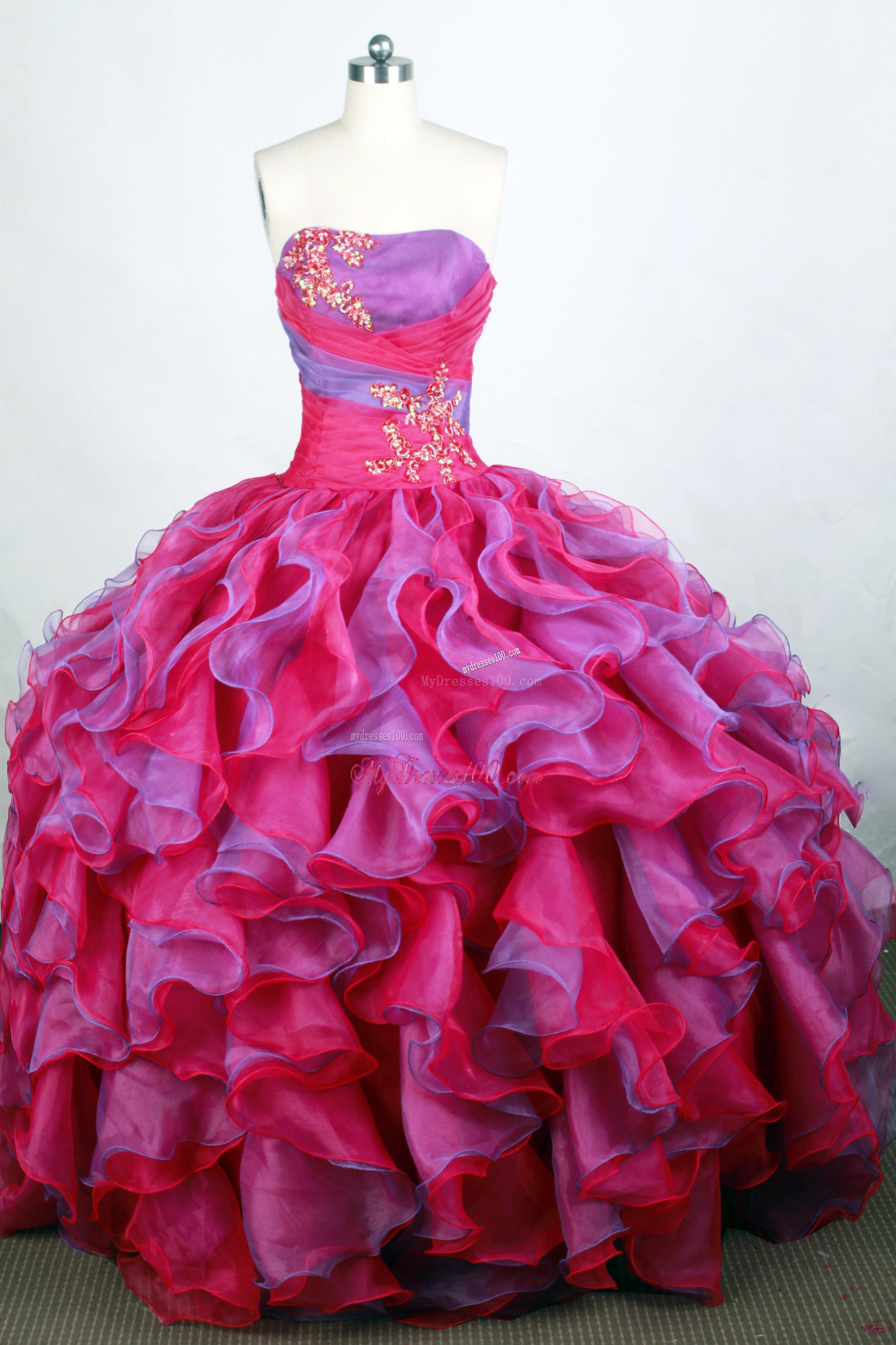Ruching and Beaded Appliques Dress for Quince with Ruffled Layers