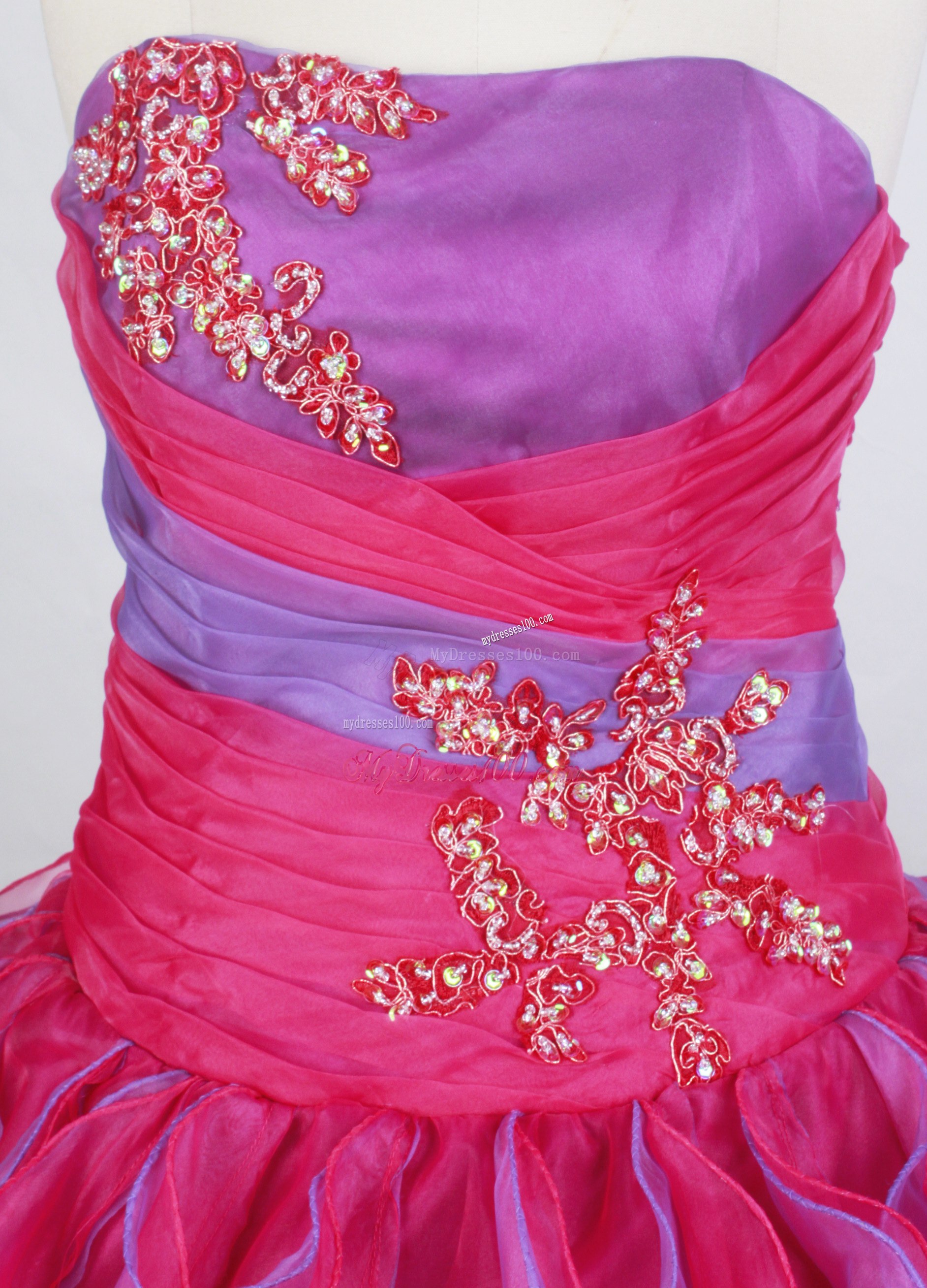 Ruching and Beaded Appliques Dress for Quince with Ruffled Layers