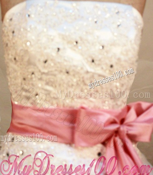 Popular White Beaded Ball Gown Sweet 16 Dresses with Pink Bowknot