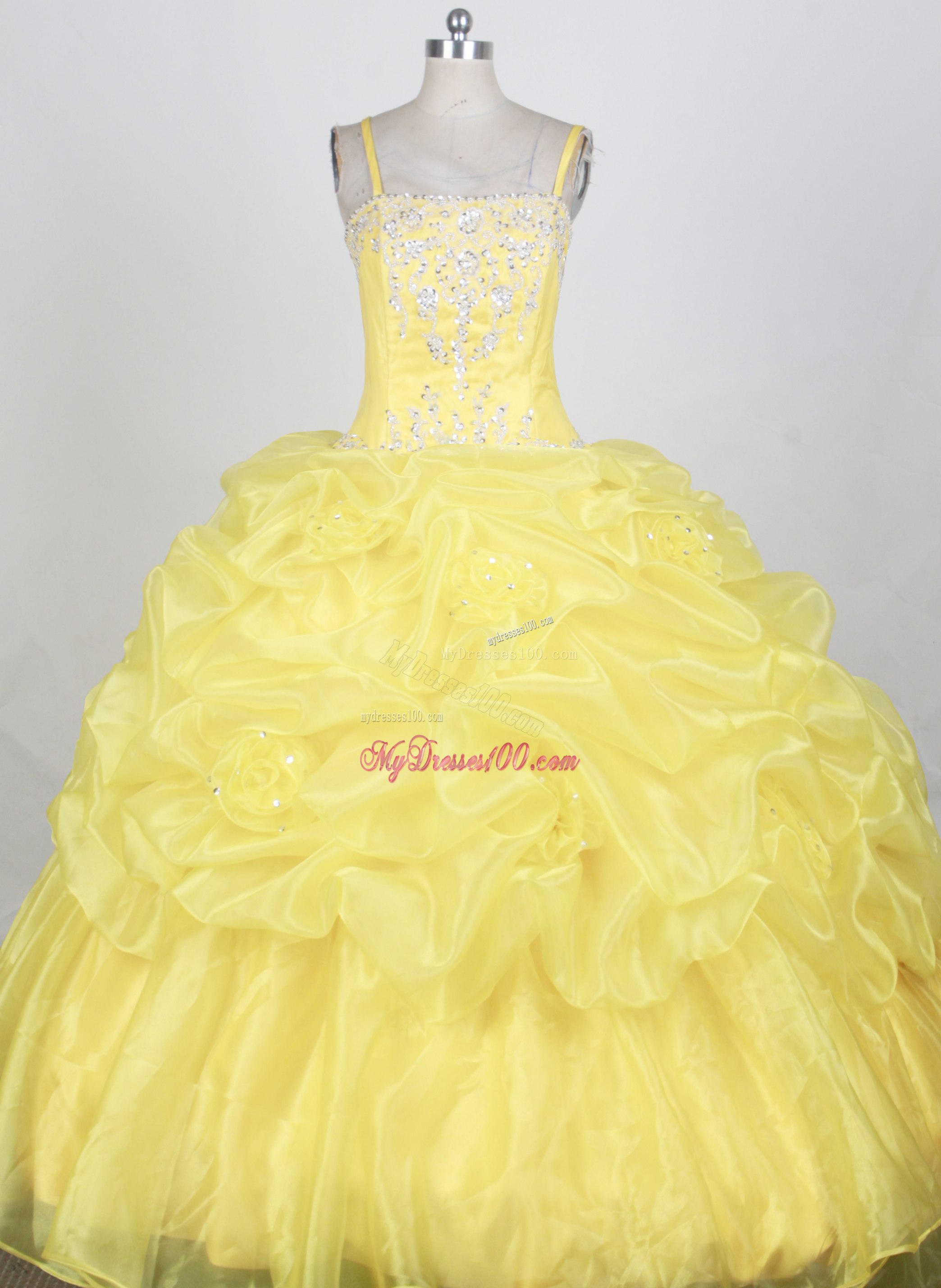 Straps Pick-ups Accent Flowery Yellow Quinceanera Gown