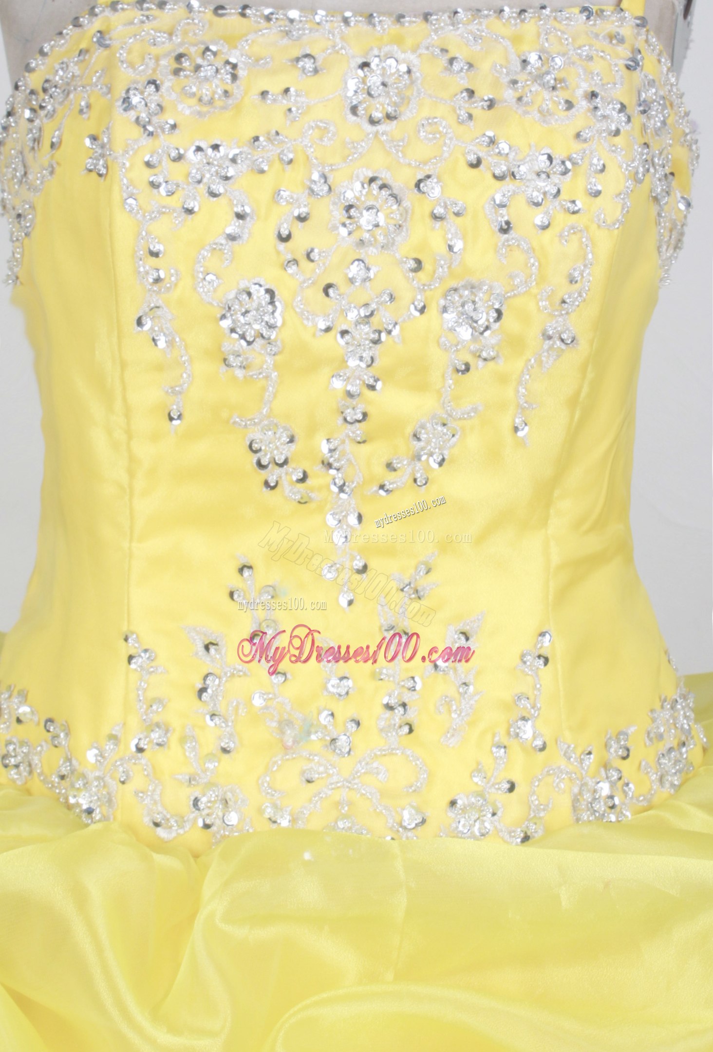 Straps Pick-ups Accent Flowery Yellow Quinceanera Gown