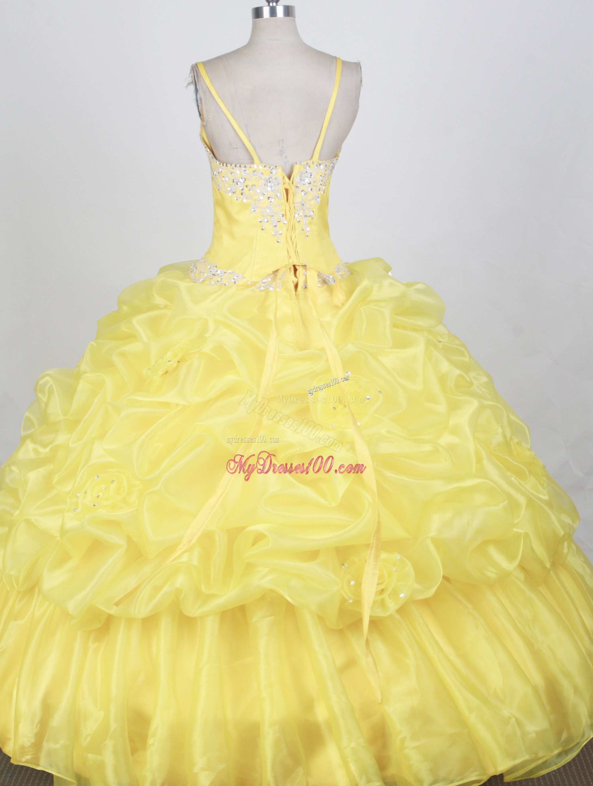 Straps Pick-ups Accent Flowery Yellow Quinceanera Gown