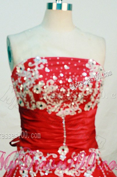 Red Puffy Quinceanera Dresses Decorated with White Appliques and Ruched Sash