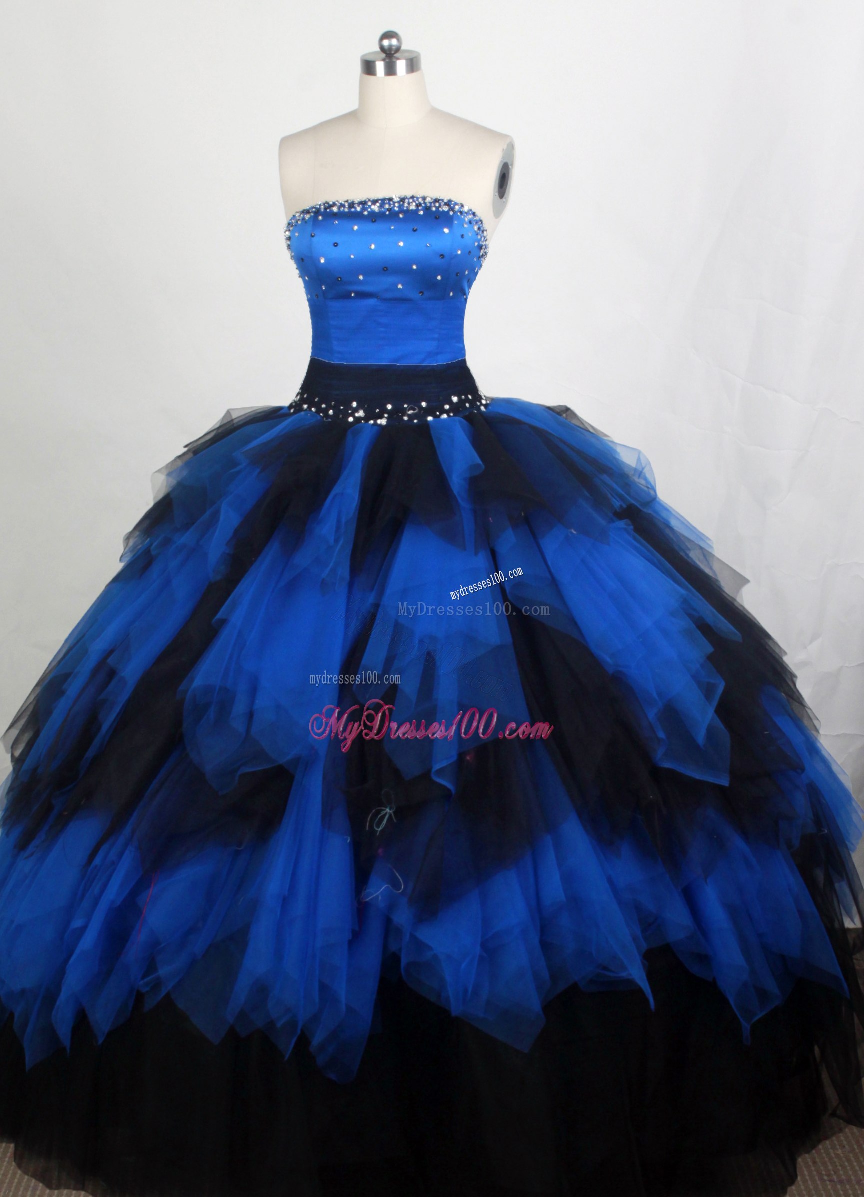 Royal Blue and Black Quinceanera Dress with Ruffled Layers