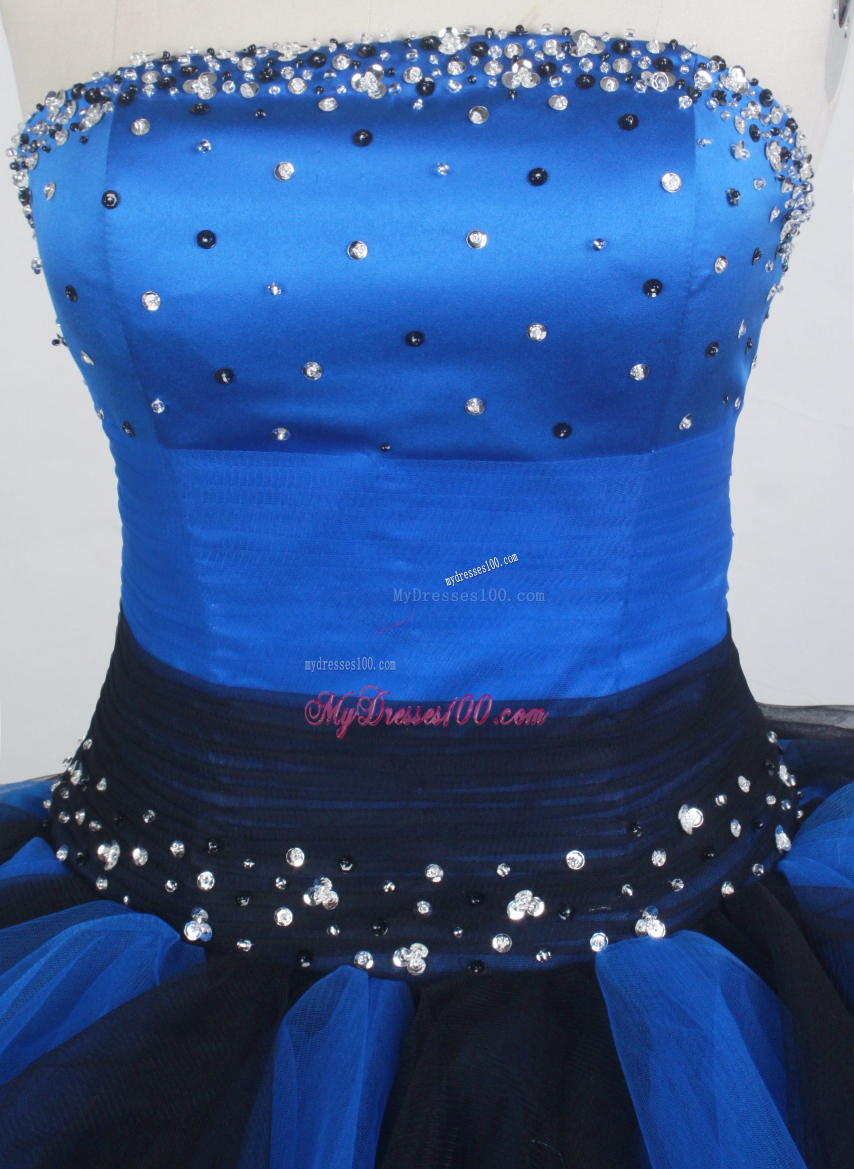 Royal Blue and Black Quinceanera Dress with Ruffled Layers
