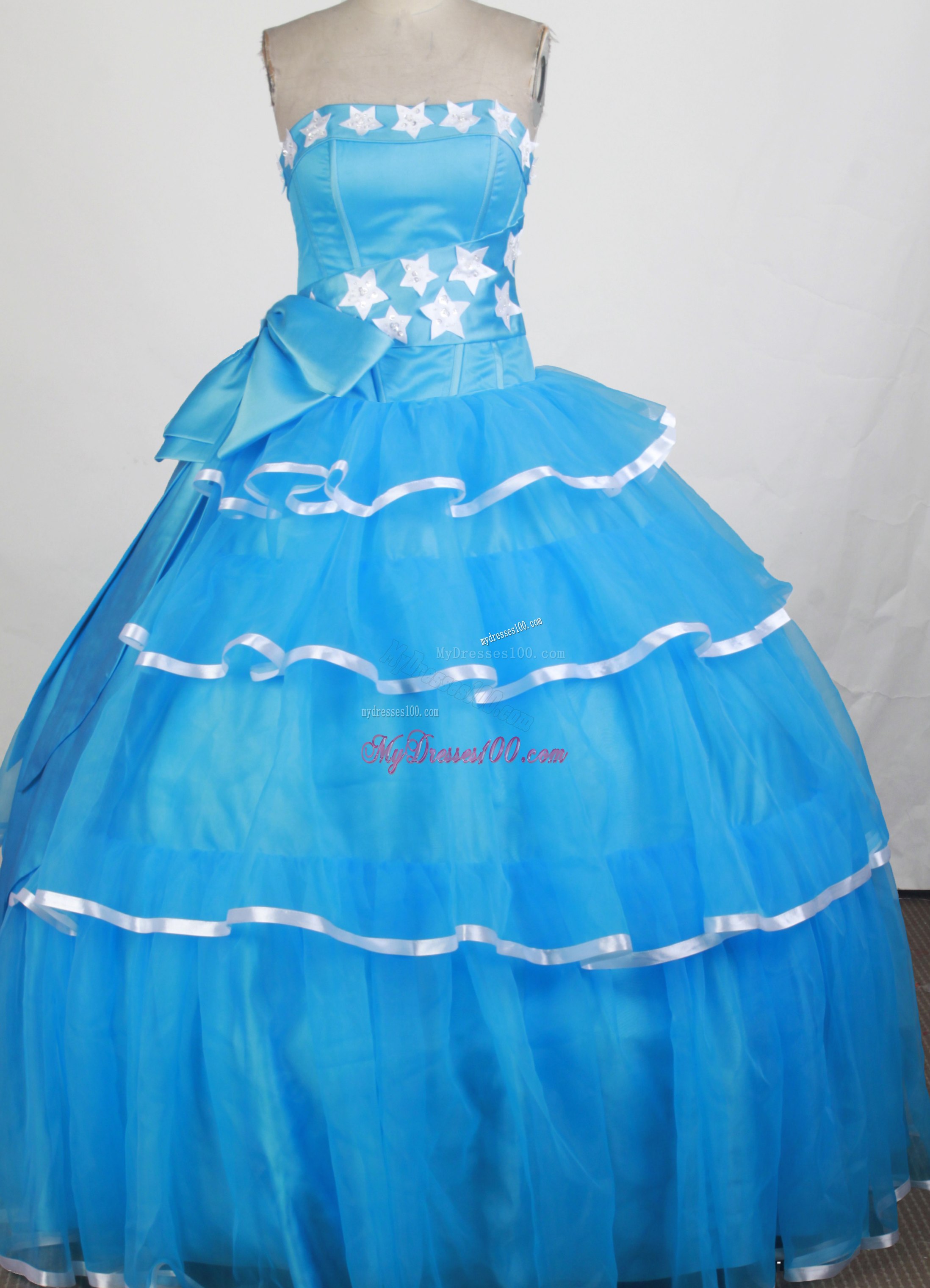 Blue Tiers Quinceanera Party Dress with White Stars and Big Bowknot