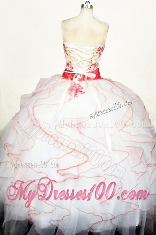 White Ruffles Sweet 15 Dress with Watermelon Ribbon and Embroidery
