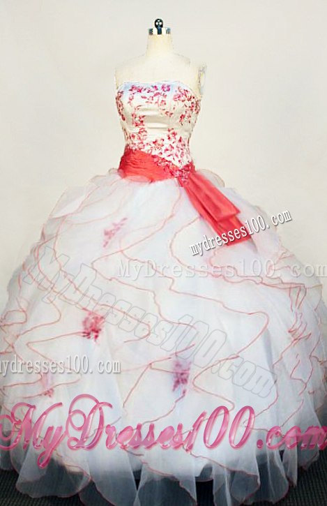 White Ruffles Sweet 15 Dress with Watermelon Ribbon and Embroidery