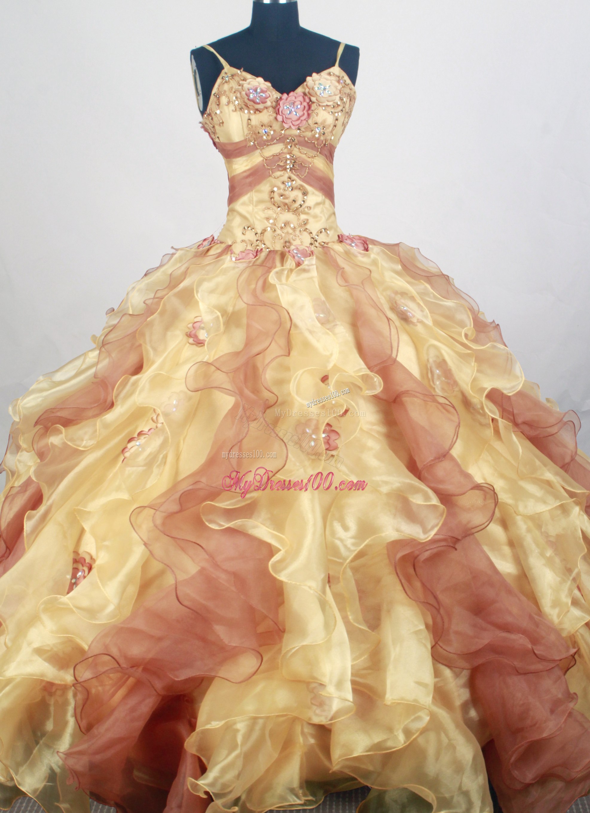 Spaghetti Straps Diamonds Ruffles and Flowers Decorated Sweet sixteen dresses