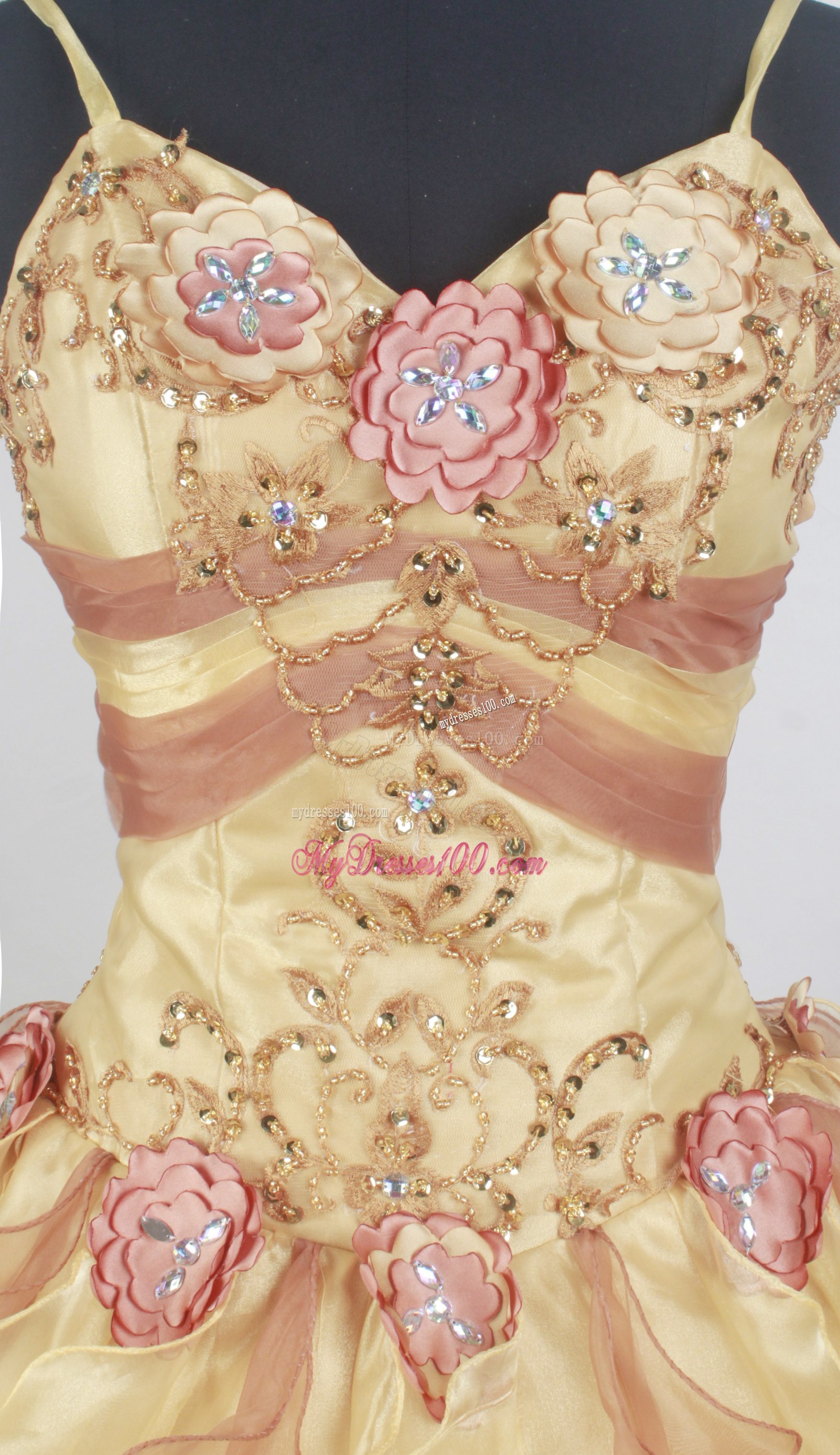 Spaghetti Straps Diamonds Ruffles and Flowers Decorated Sweet sixteen dresses