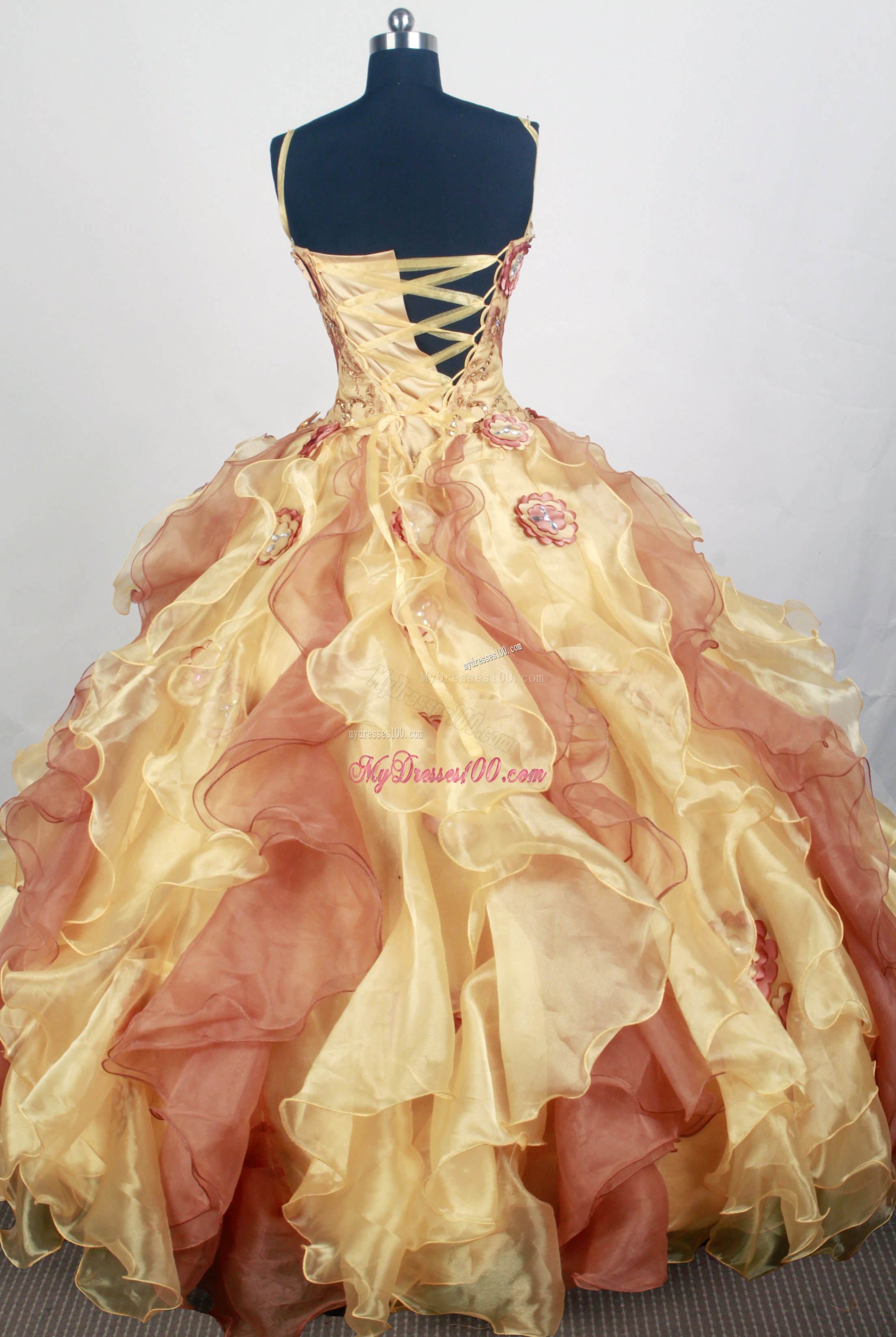 Spaghetti Straps Diamonds Ruffles and Flowers Decorated Sweet sixteen dresses