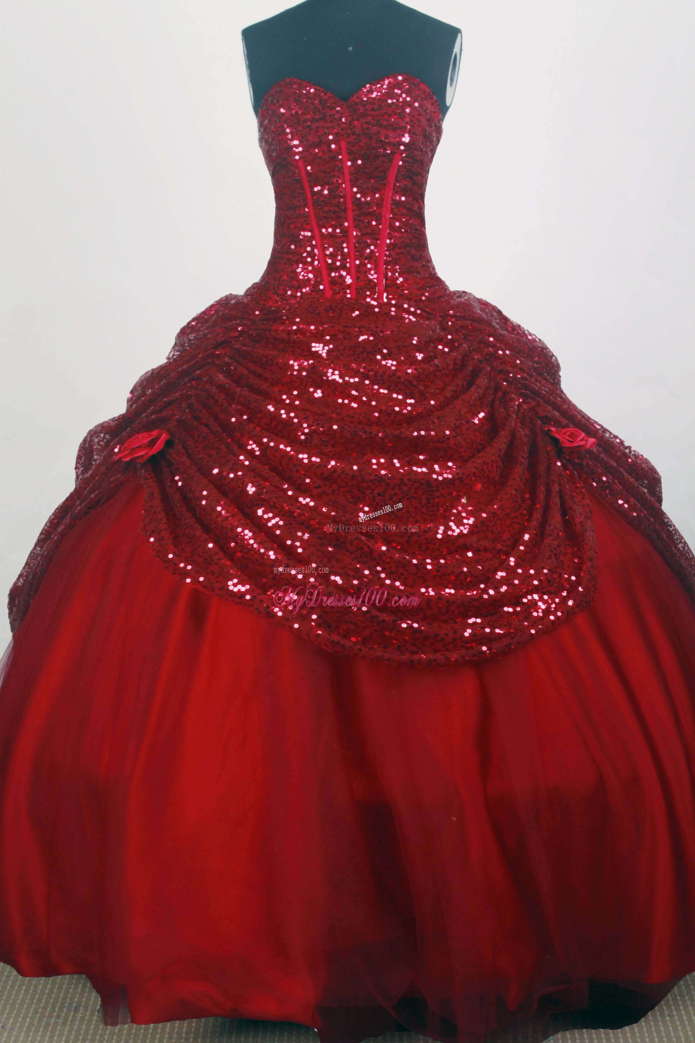 Shining Sequined Quinceanera Dress with Pick-ups and Hand Made Flowers