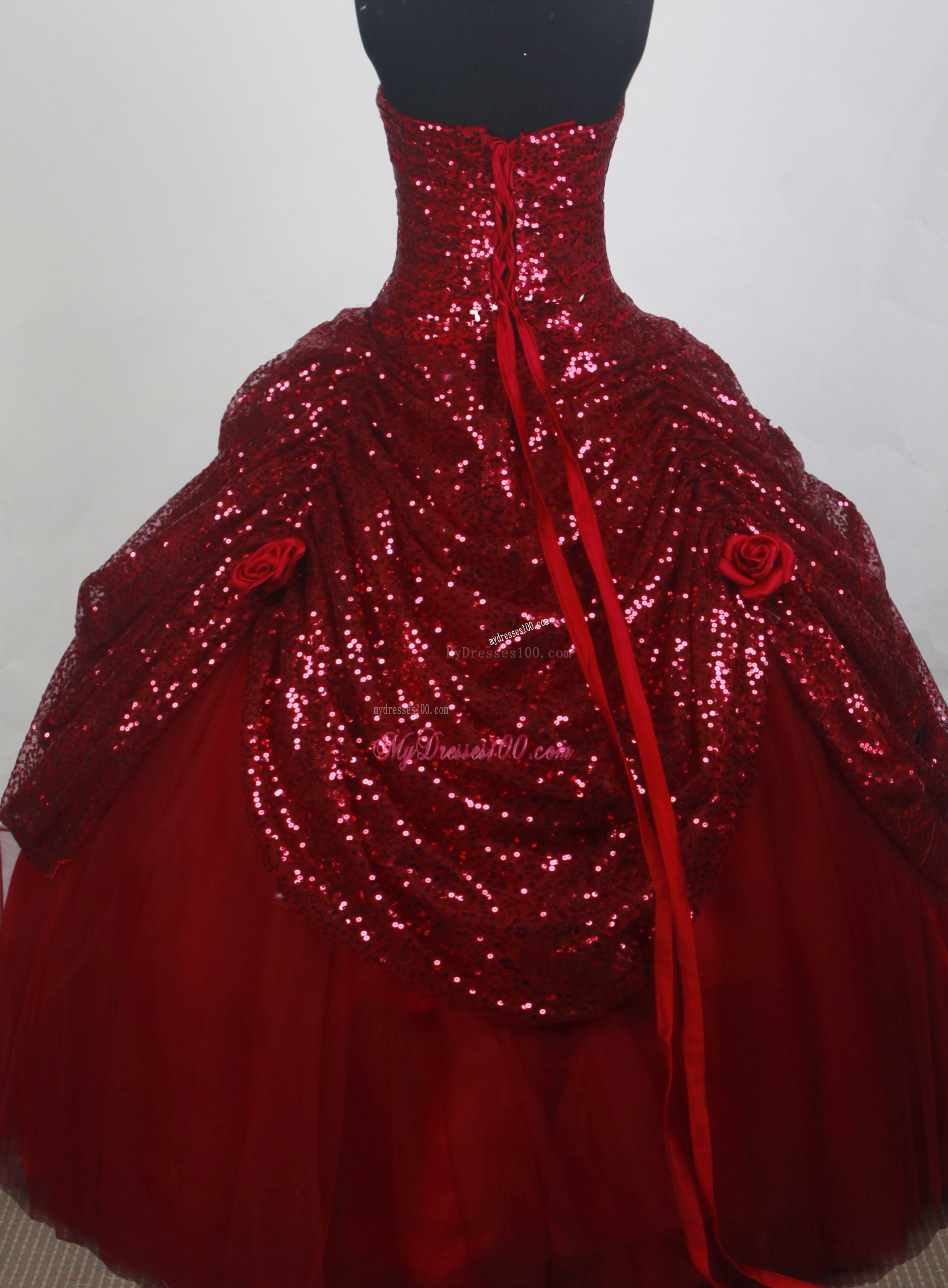 Shining Sequined Quinceanera Dress with Pick-ups and Hand Made Flowers