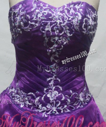 Sweet Ruching Organza Quinceanera Dress with White Floral Embroideries