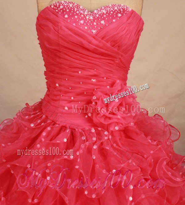 Watermelon Handmade Flower Ruffles Beaded Quinceanera Gowns for Girls