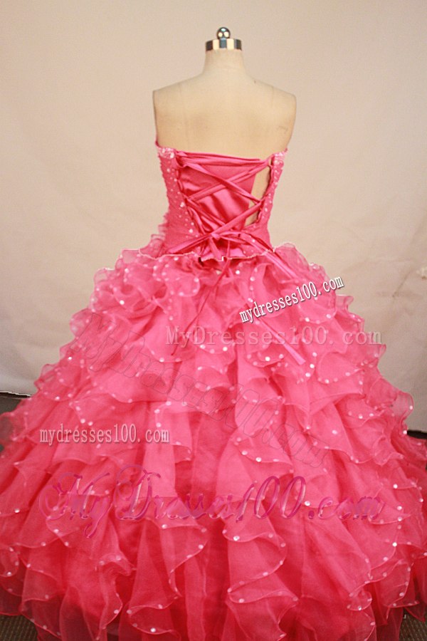 Watermelon Handmade Flower Ruffles Beaded Quinceanera Gowns for Girls