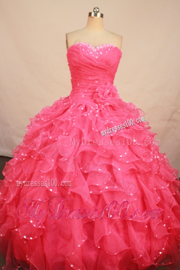 Watermelon Handmade Flower Ruffles Beaded Quinceanera Gowns for Girls