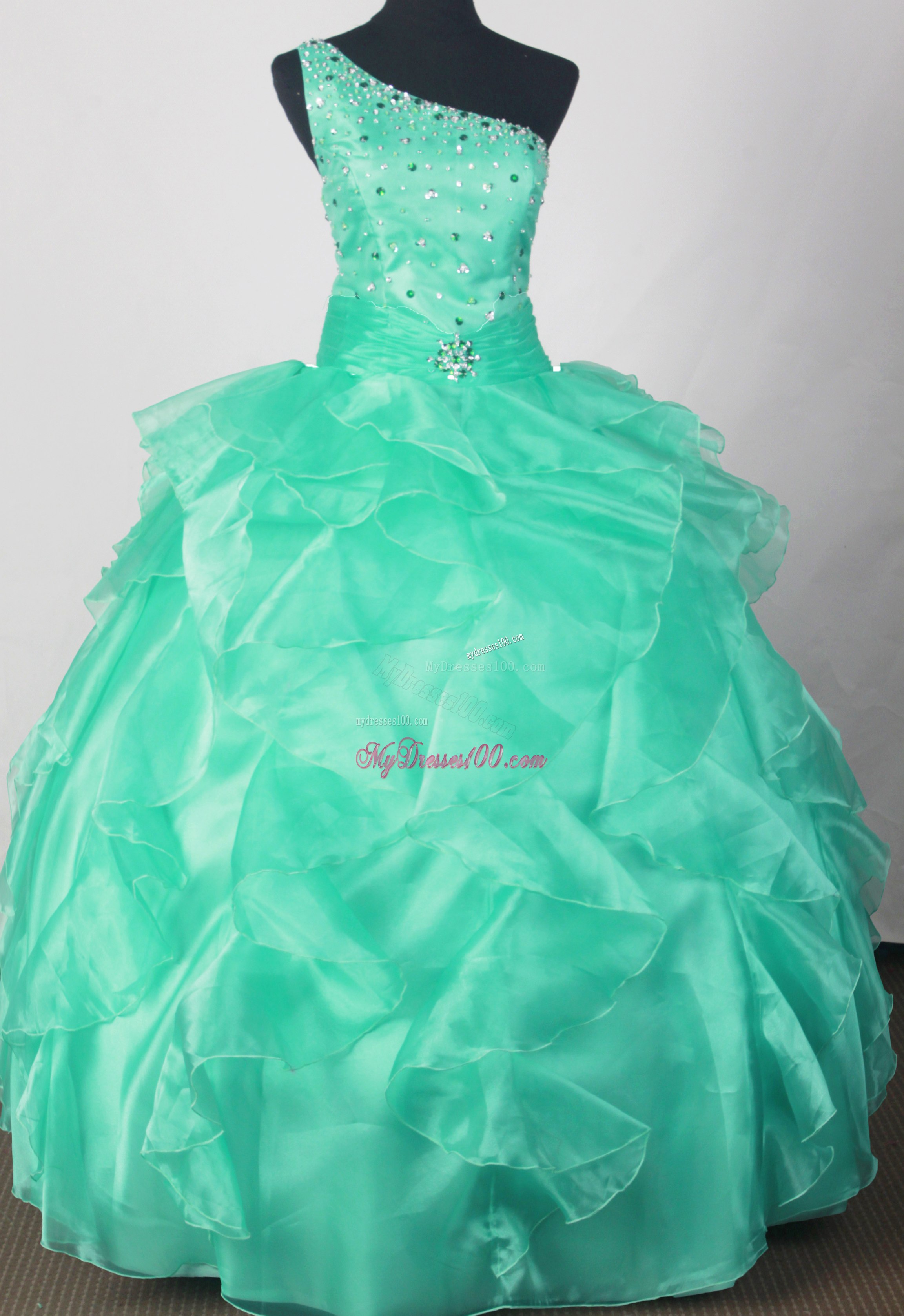 Beaded One Shoulder Ruffled Quinceanera Dress in Mint Color