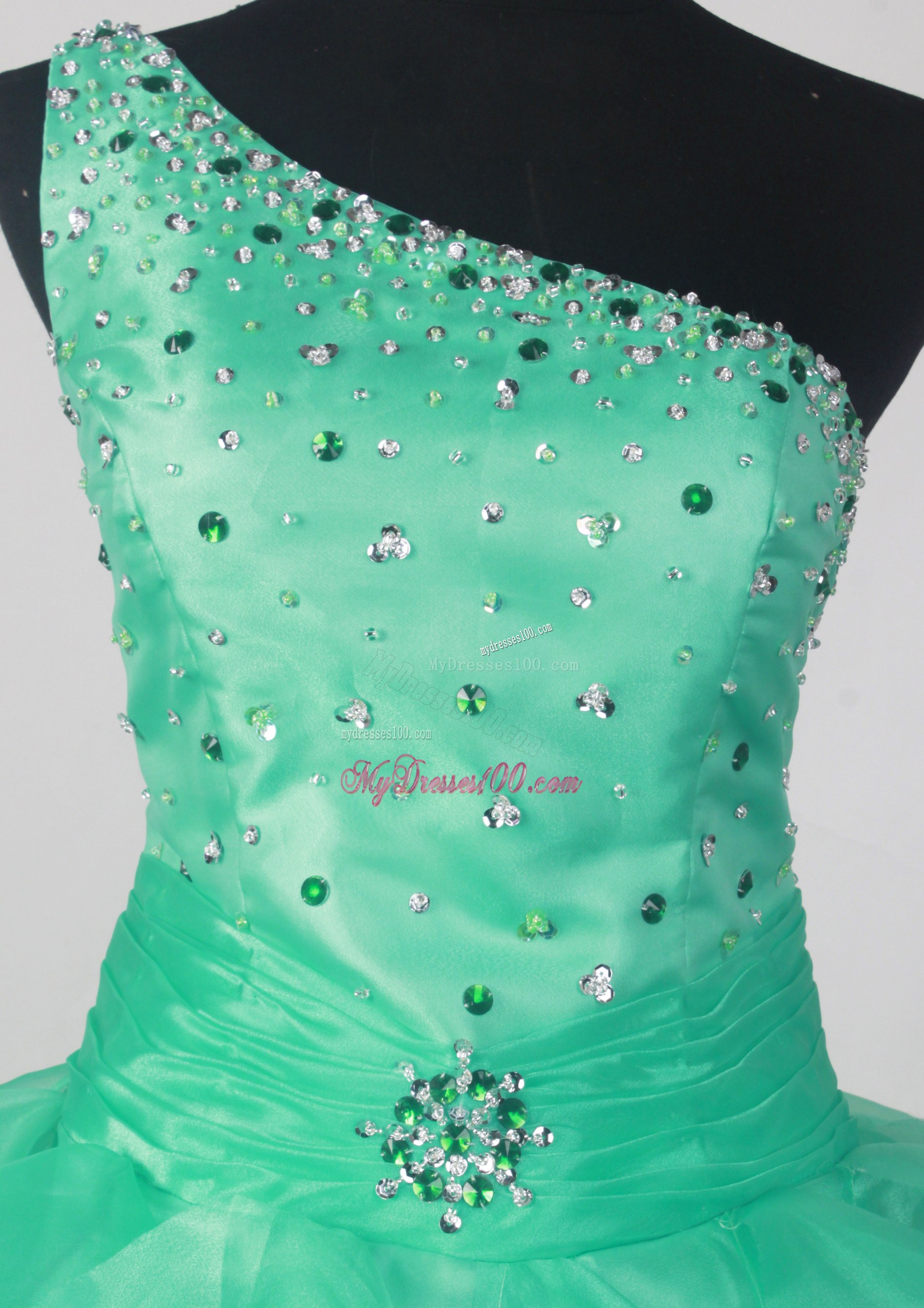 Beaded One Shoulder Ruffled Quinceanera Dress in Mint Color