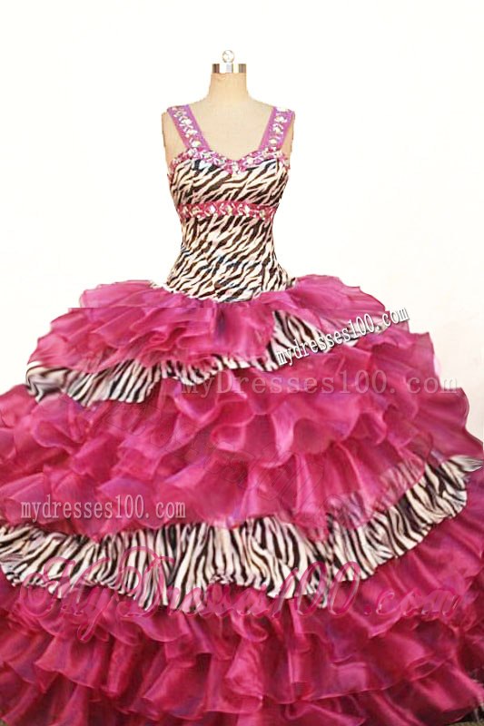 Wide Straps Zebra and Organza Ruffled Layers Puffy Quinceanera Dress