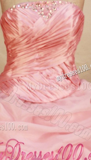 Baby Pink Ruche Beaded Quinceanera Gown Ruffle and Pick Ups Layers