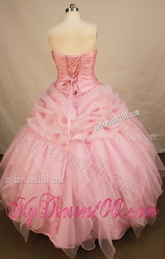 Baby Pink Ruche Beaded Quinceanera Gown Ruffle and Pick Ups Layers