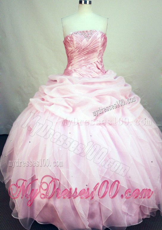 Baby Pink Ruche Beaded Quinceanera Gown Ruffle and Pick Ups Layers