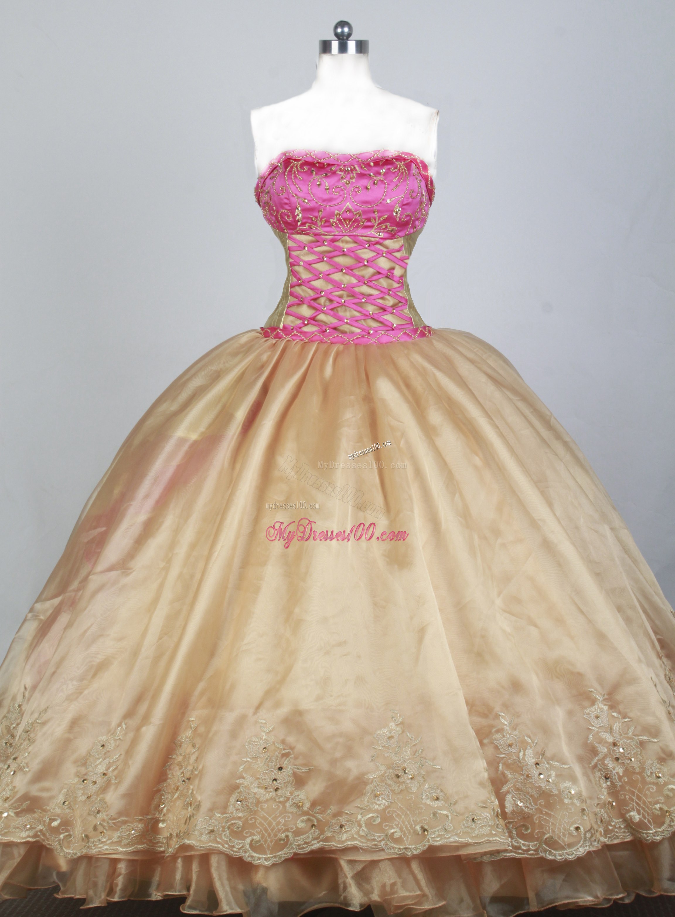 Ball Gown Lace Flowers Quinceanera Dresses with Criss Cross and Beaded Waist