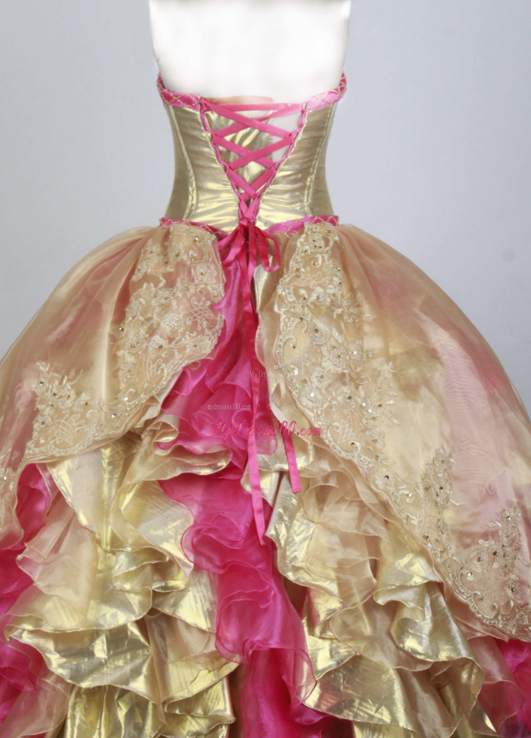 Ball Gown Lace Flowers Quinceanera Dresses with Criss Cross and Beaded Waist