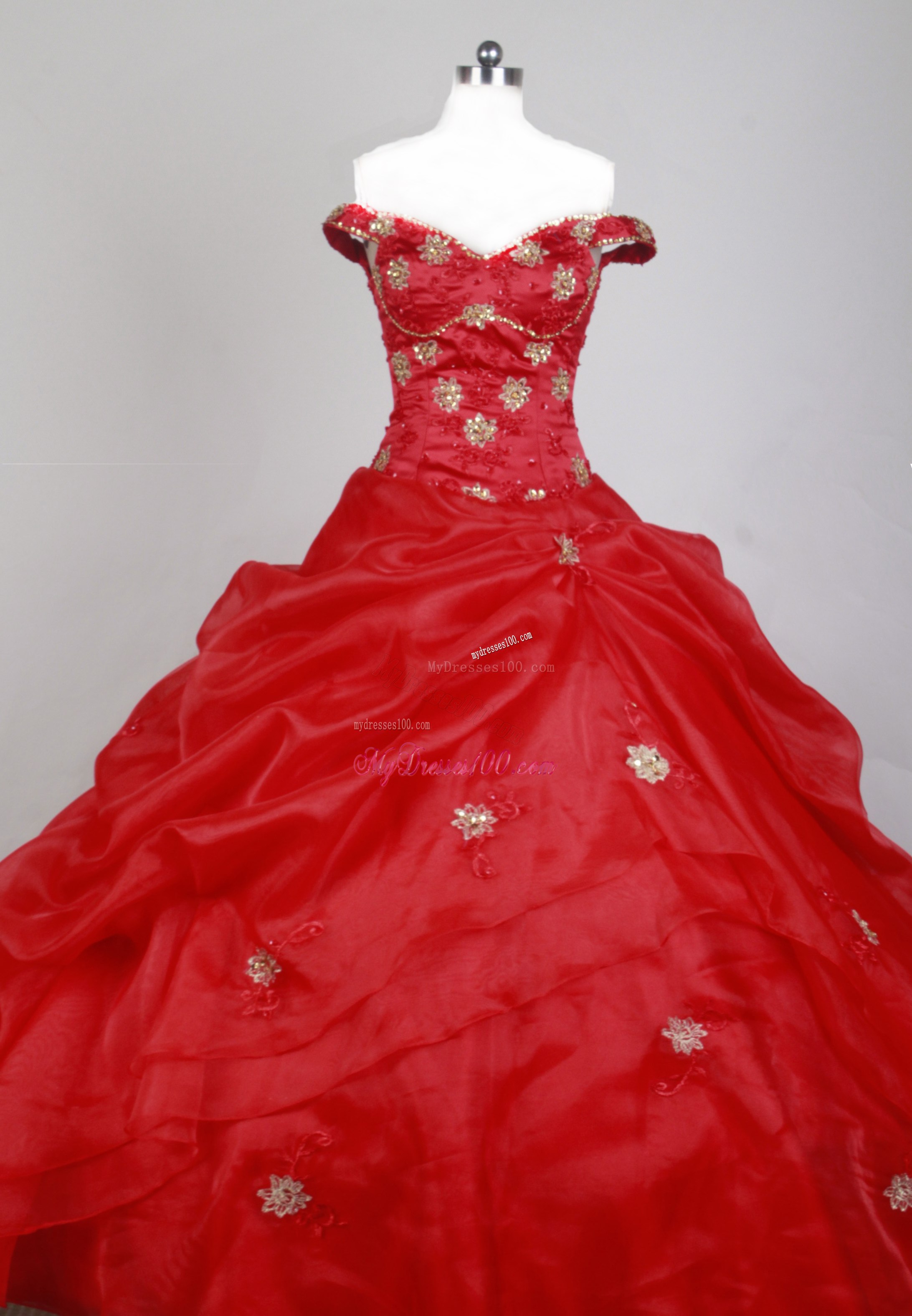 Beading Off The Shoulder Sweet 15 Dresses with Pick-ups and Floral Appliques
